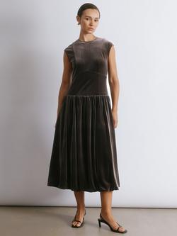 Albaray Velvet Puff Ball Midi Dress, Chocolate, Chocolate