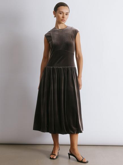 Albaray Velvet Puff Ball Midi Dress, Chocolate, Chocolate