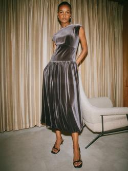 Albaray Velvet Puff Ball Midi Dress, Chocolate - view 2, Chocolate