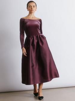 Albaray Velvet Taffeta Bardot Dress, Burgundy, Burgundy