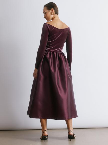 Albaray Velvet Taffeta Bardot Dress, Burgundy - view 2, Burgundy