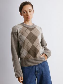 Albaray Argyle Check Print Crew Neck Buttoned Jumper, Brown