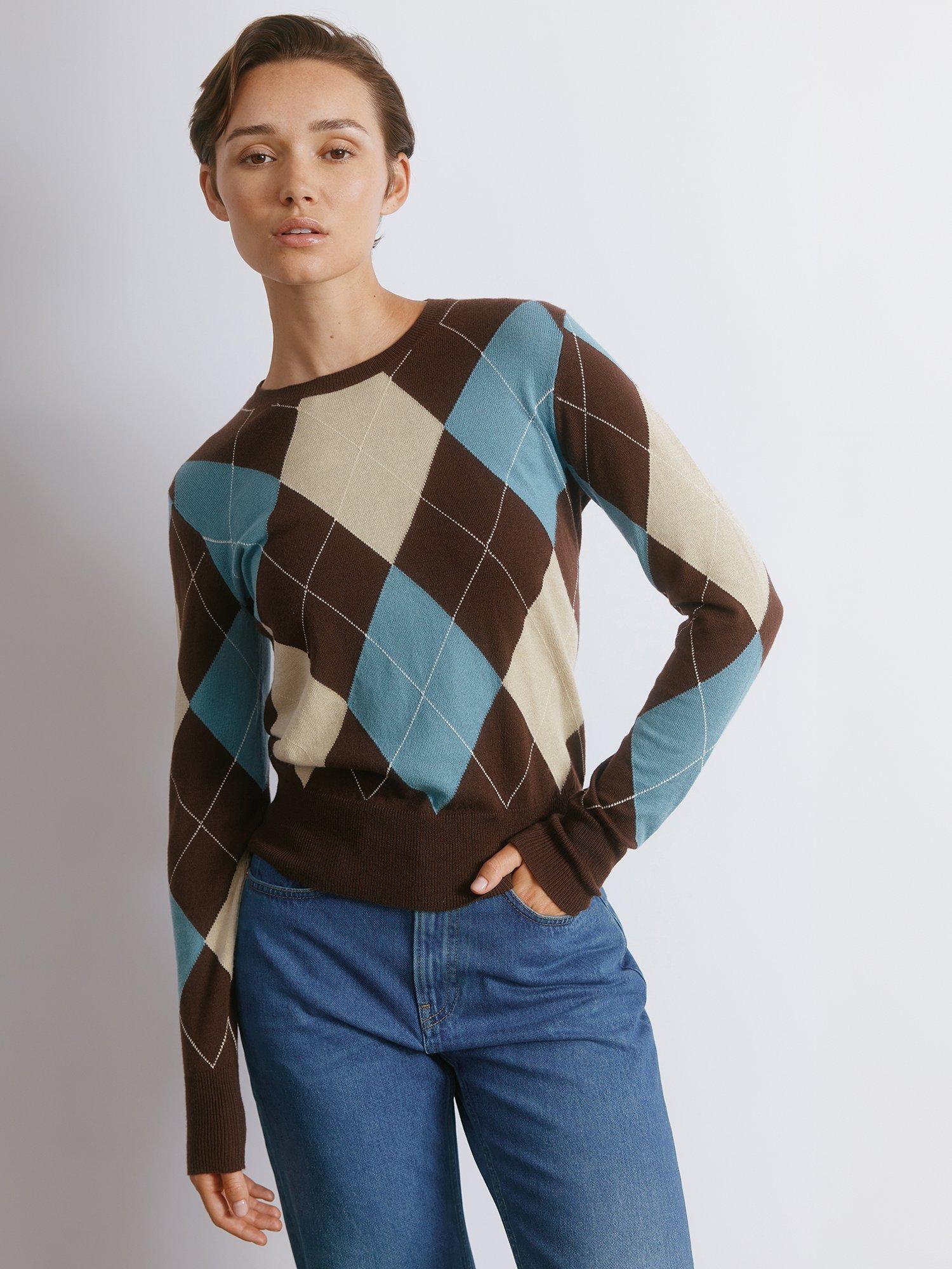 Product image 1 of 5, which shows Albaray Argyll Check Print Cotton Blend Crew Neck Jumper, Blue, 8