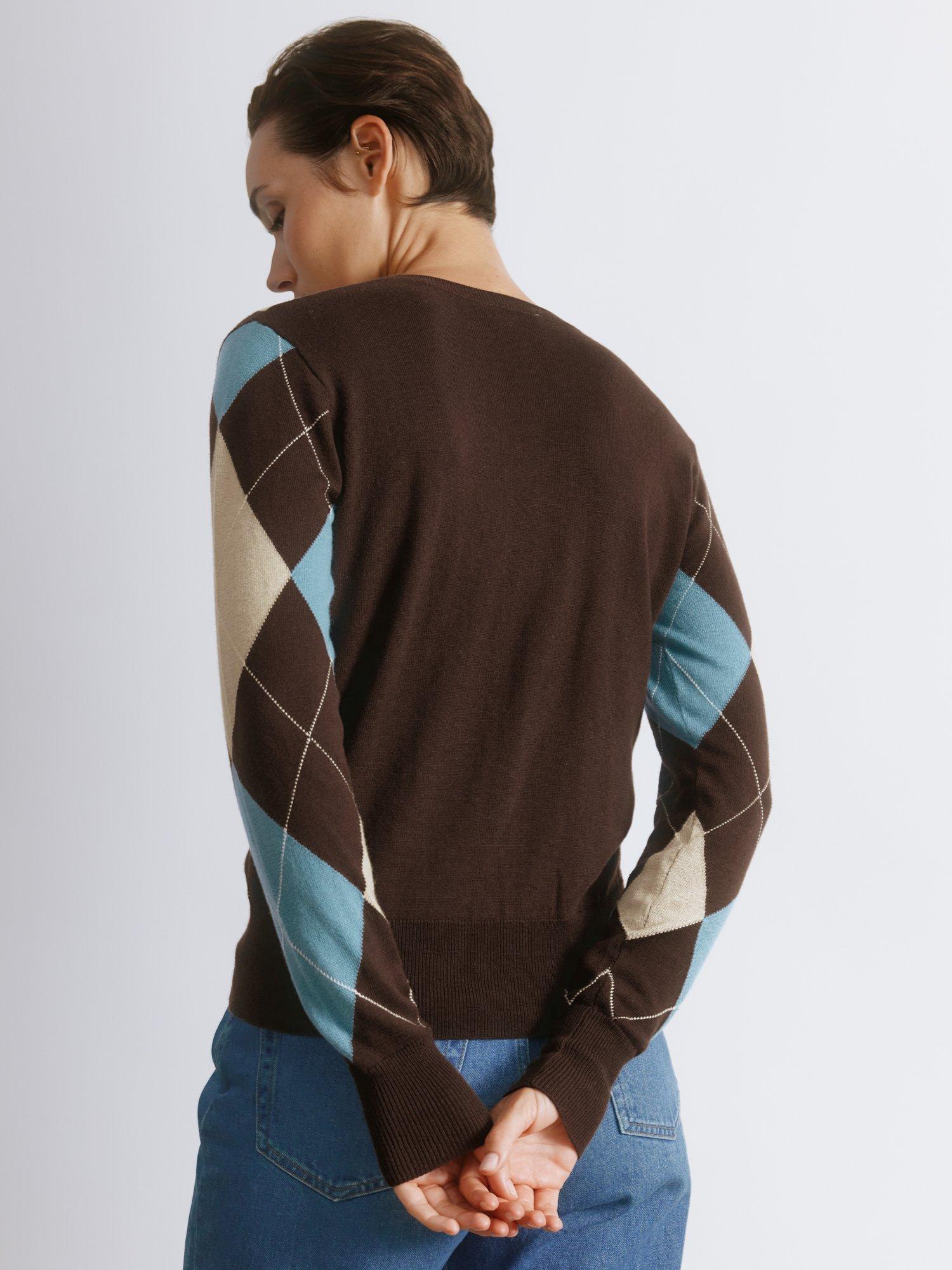 Product image 2 of 5, which shows Albaray Argyll Check Print Cotton Blend Crew Neck Jumper, Blue, 8