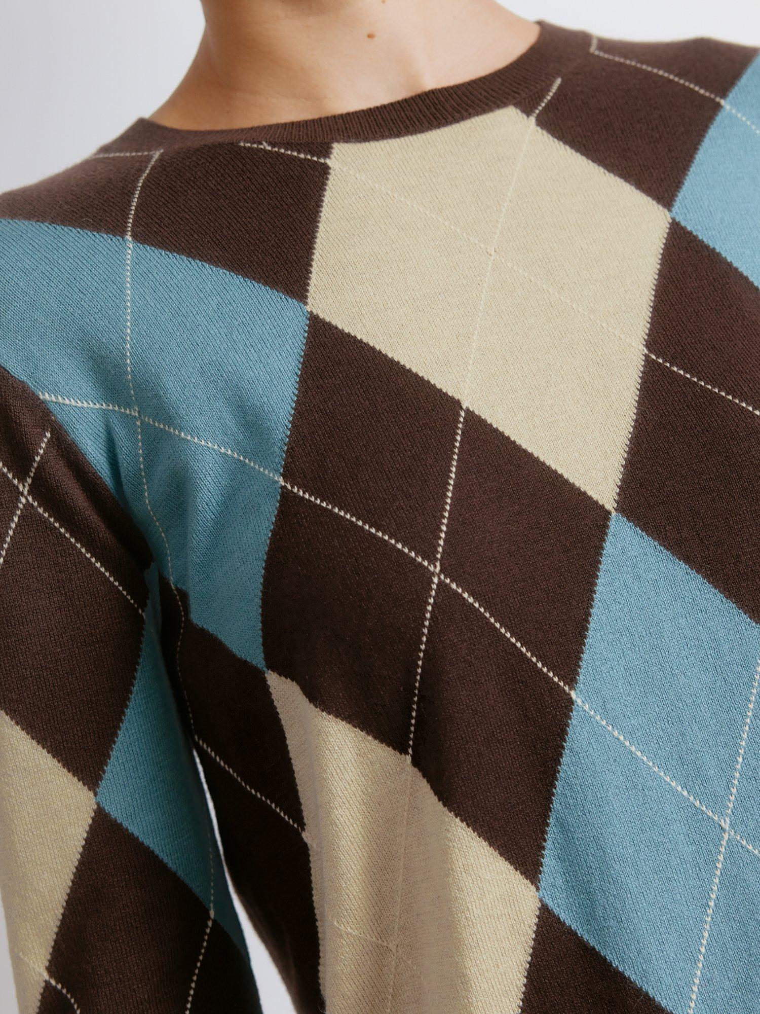 Product image 4 of 5, which shows Albaray Argyll Check Print Cotton Blend Crew Neck Jumper, Blue, 8