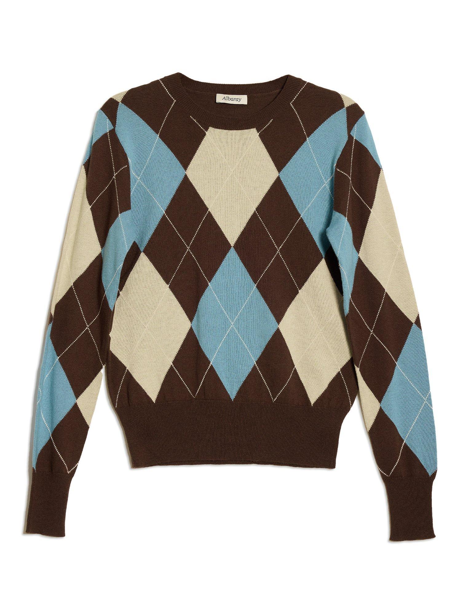Product image 5 of 5, which shows Albaray Argyll Check Print Cotton Blend Crew Neck Jumper, Blue, 8