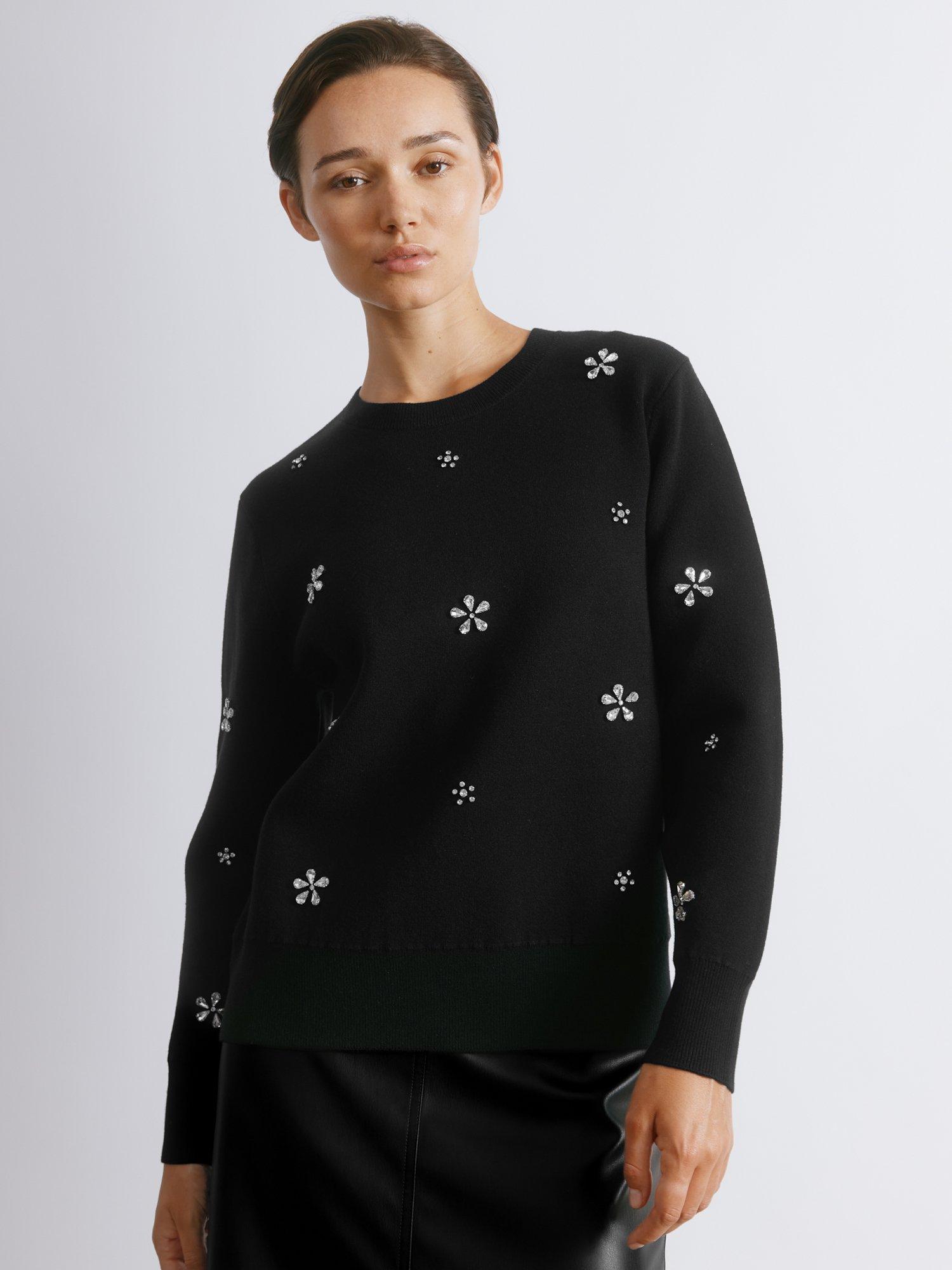 Product image 1 of 5, which shows Albaray Crystal Embellished Crew Neck  Jumper, Black, 8