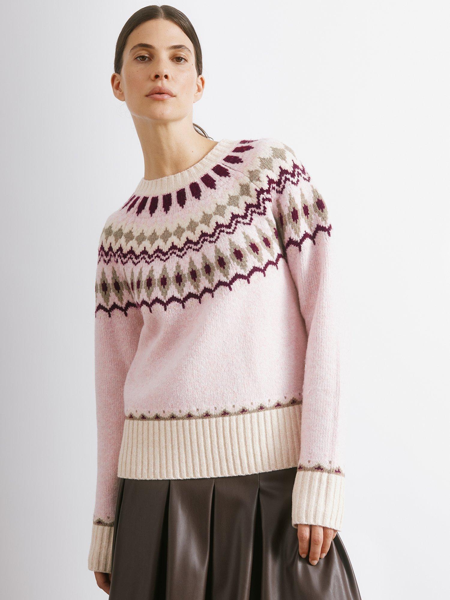 Product image 1 of 5, which shows Albaray Fair Isle Yoke Design Wool Blend Jumper, Pink, 8