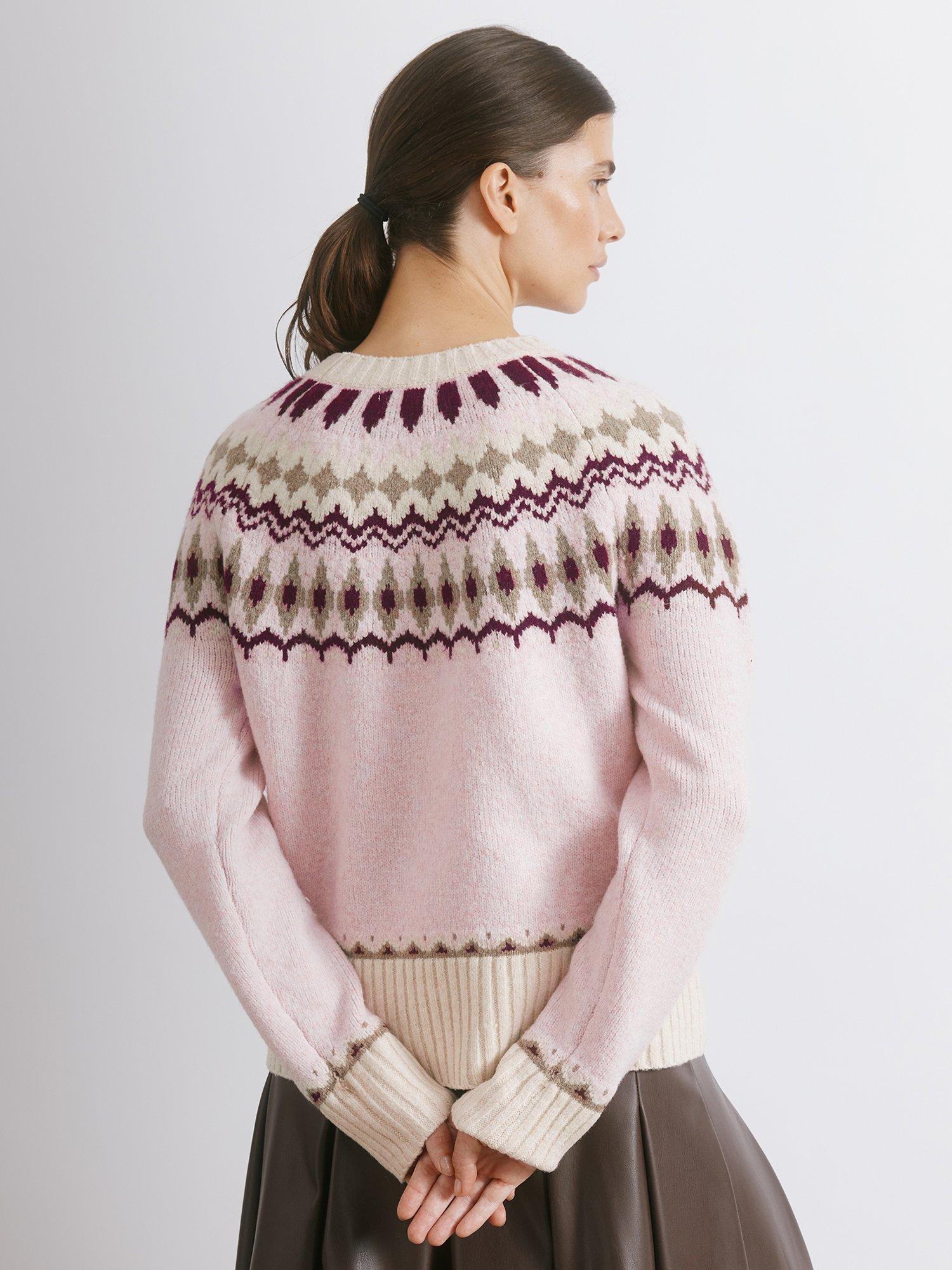 Product image 2 of 5, which shows Albaray Fair Isle Yoke Design Wool Blend Jumper, Pink, 8