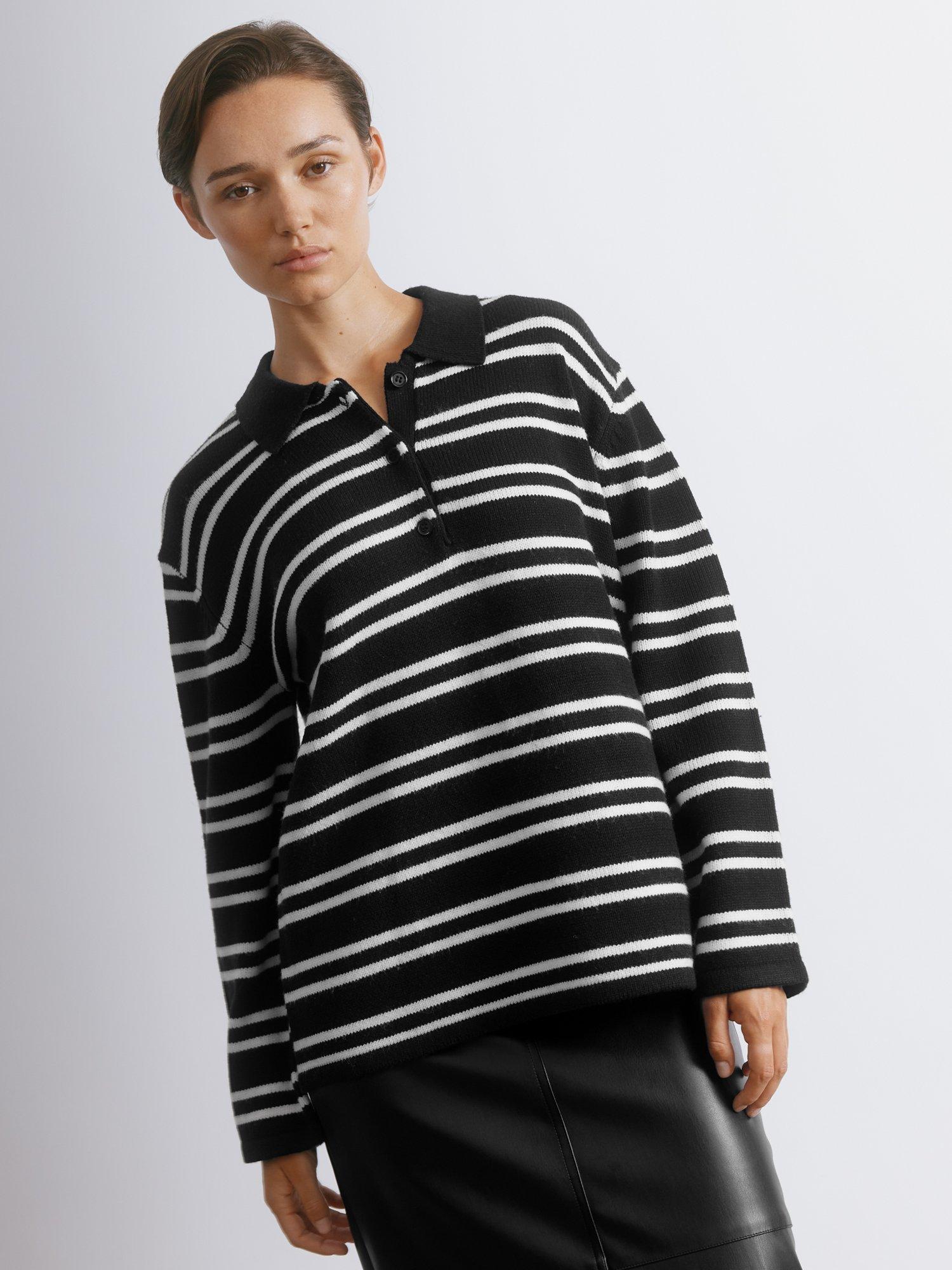 Product image 1 of 5, which shows Albaray Stripe Long Sleeve Rugby Top, Black/White, 8
