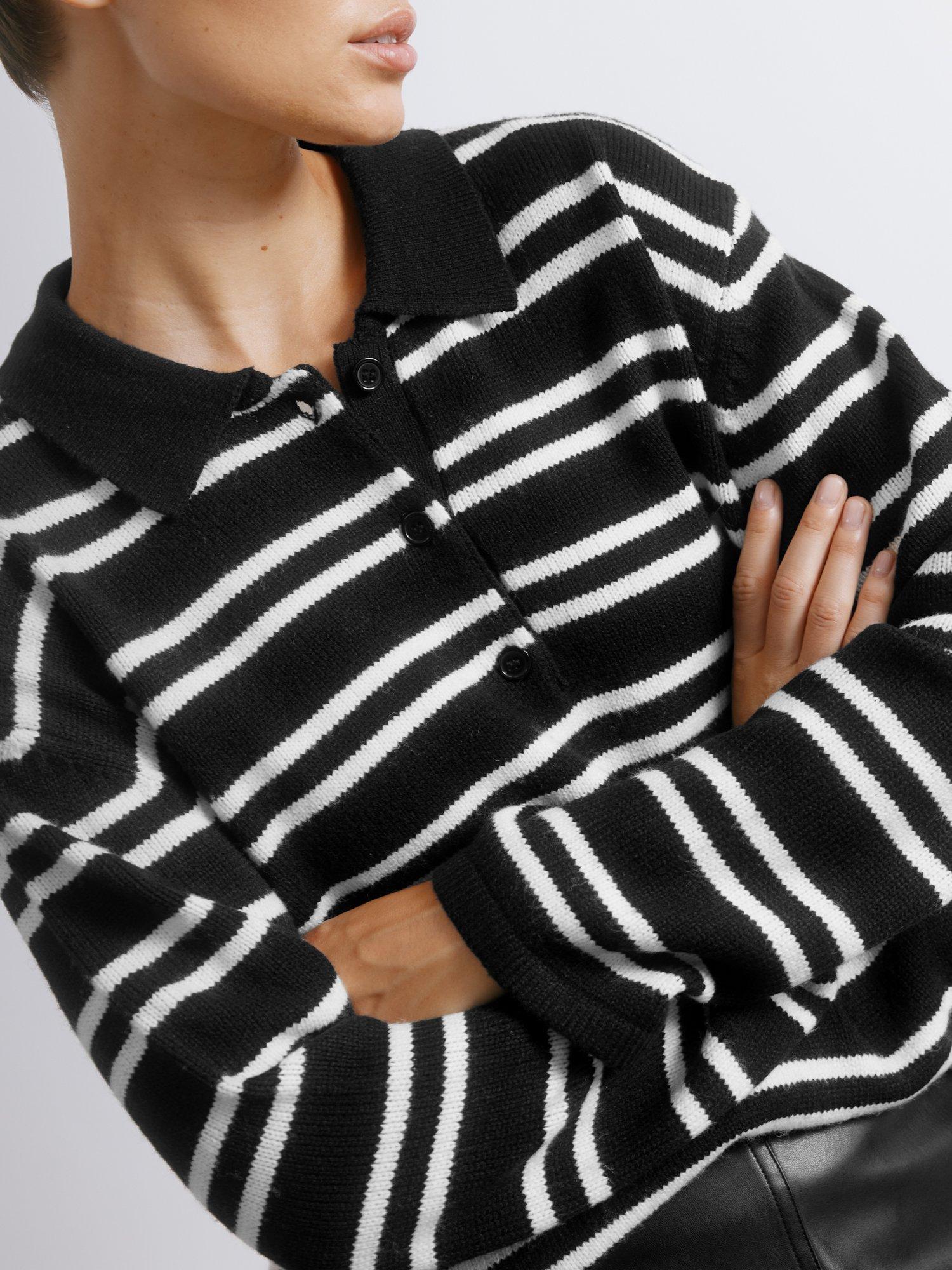 Product image 4 of 5, which shows Albaray Stripe Long Sleeve Rugby Top, Black/White, 8