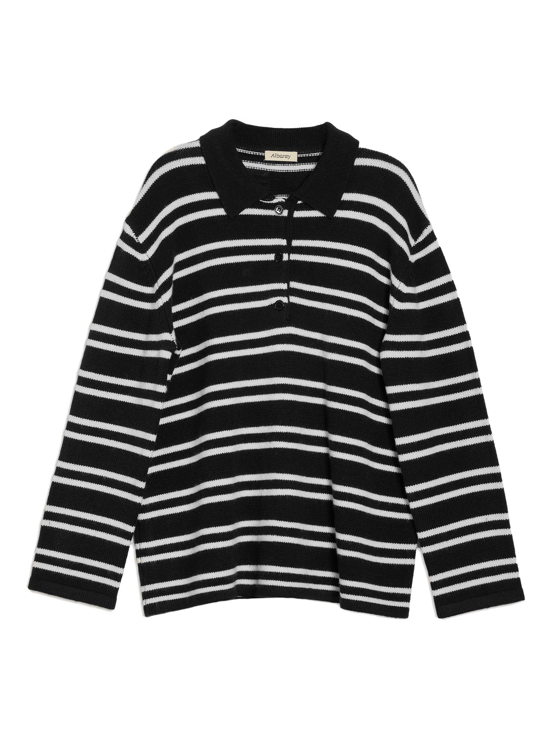 Product image 5 of 5, which shows Albaray Stripe Long Sleeve Rugby Top, Black/White, 8