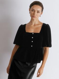 Albaray Diamanté Button Velvet Top, Black, Black