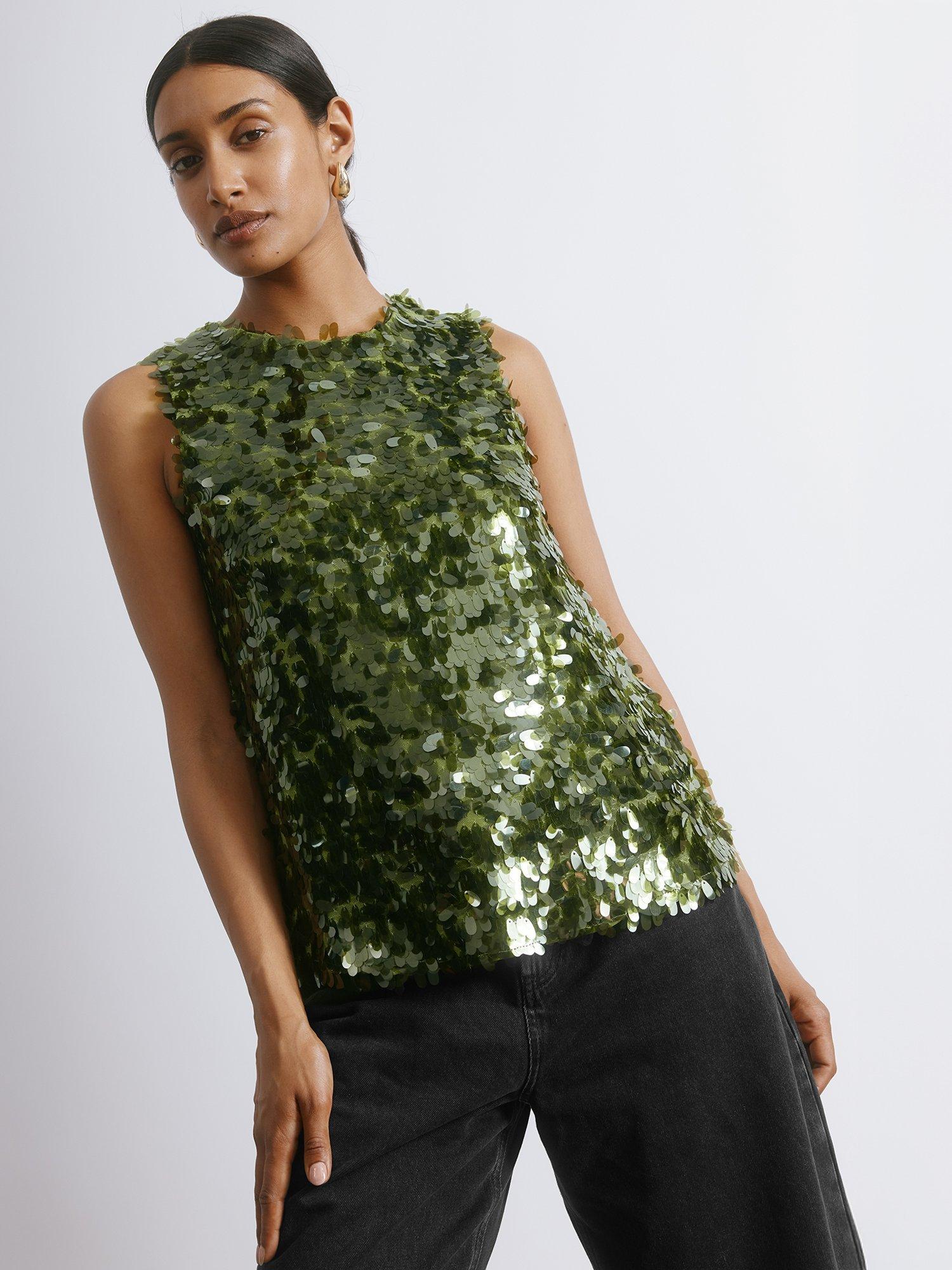 Product image 7 of 8, which shows Albaray Drop Sequin Sleeveless Top, Green, 8