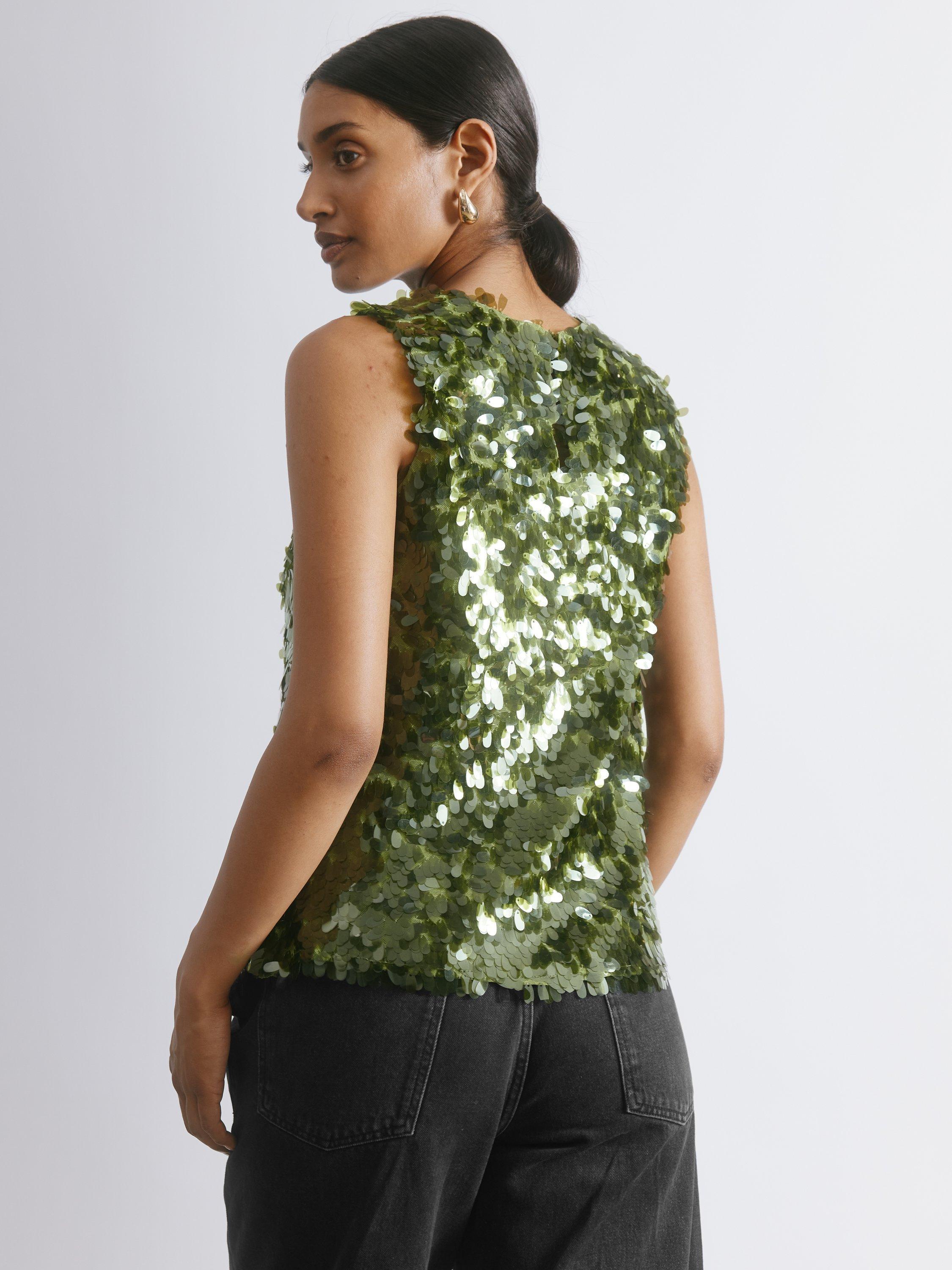 Product image 8 of 8, which shows Albaray Drop Sequin Sleeveless Top, Green, 8