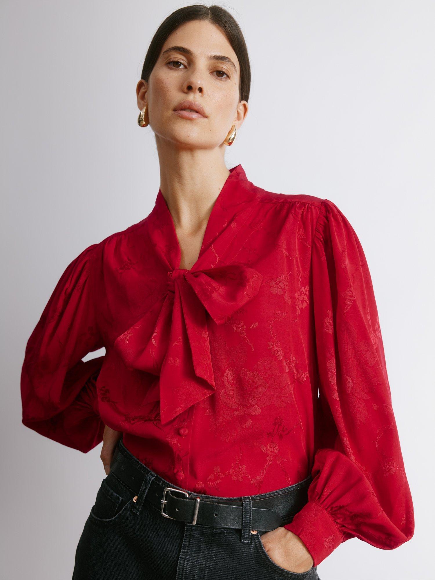 Product image 1 of 5, which shows Albaray Jacquard Tie Neck Blouse, Red, 8