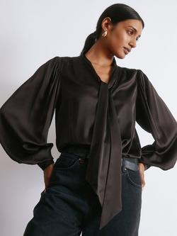 Albaray Satin Tie Neck Blouse, Chocolate, Chocolate
