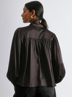 Albaray Satin Tie Neck Blouse, Chocolate - view 2, Chocolate