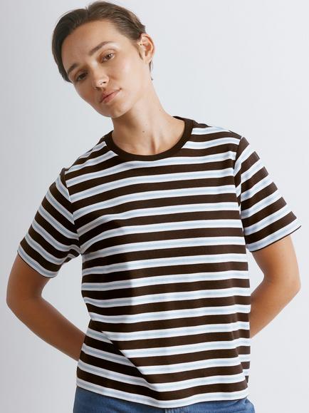 Albaray Crew Neck Stripe T-Shirt, Chocolate/Multi, Chocolate/Multi
