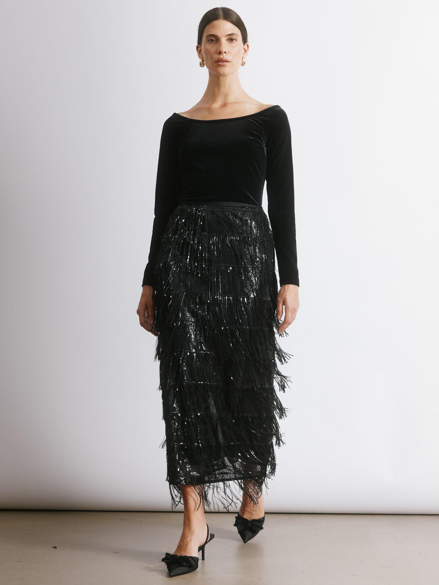 Product image 1 of 5, which shows Albaray Sequin Fringe Pencil Skirt, Black, 8