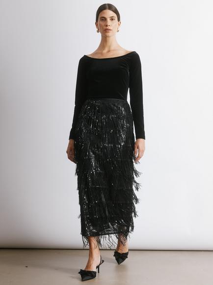Albaray Sequin Fringe Pencil Skirt, Black, Black