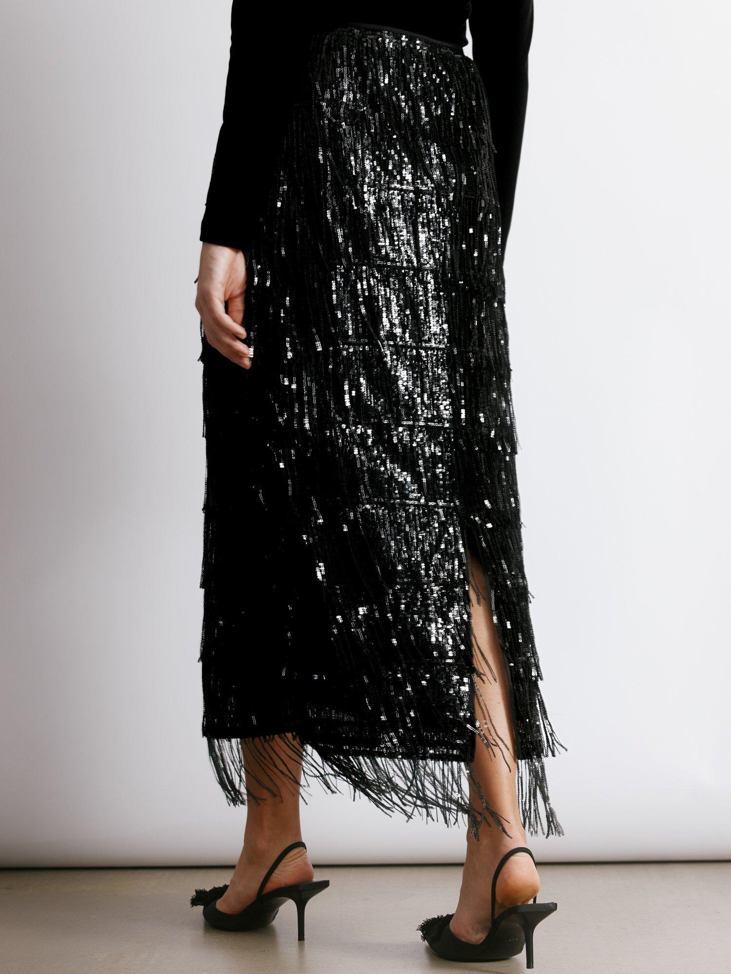 Product image 2 of 5, which shows Albaray Sequin Fringe Pencil Skirt, Black, 8