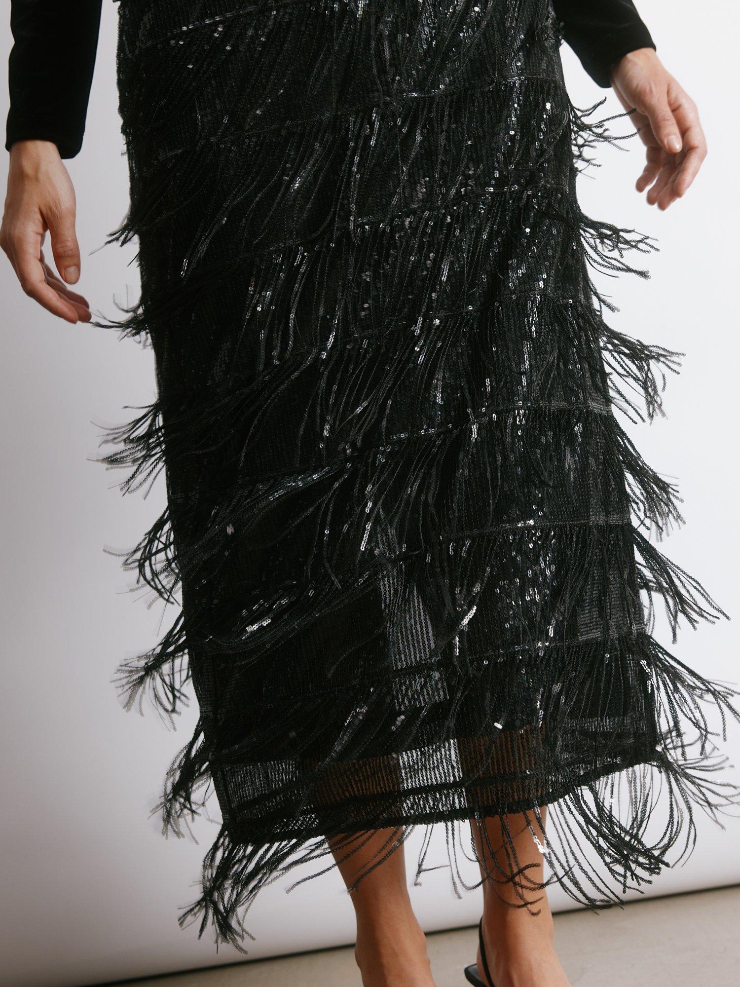 Product image 4 of 5, which shows Albaray Sequin Fringe Pencil Skirt, Black, 8