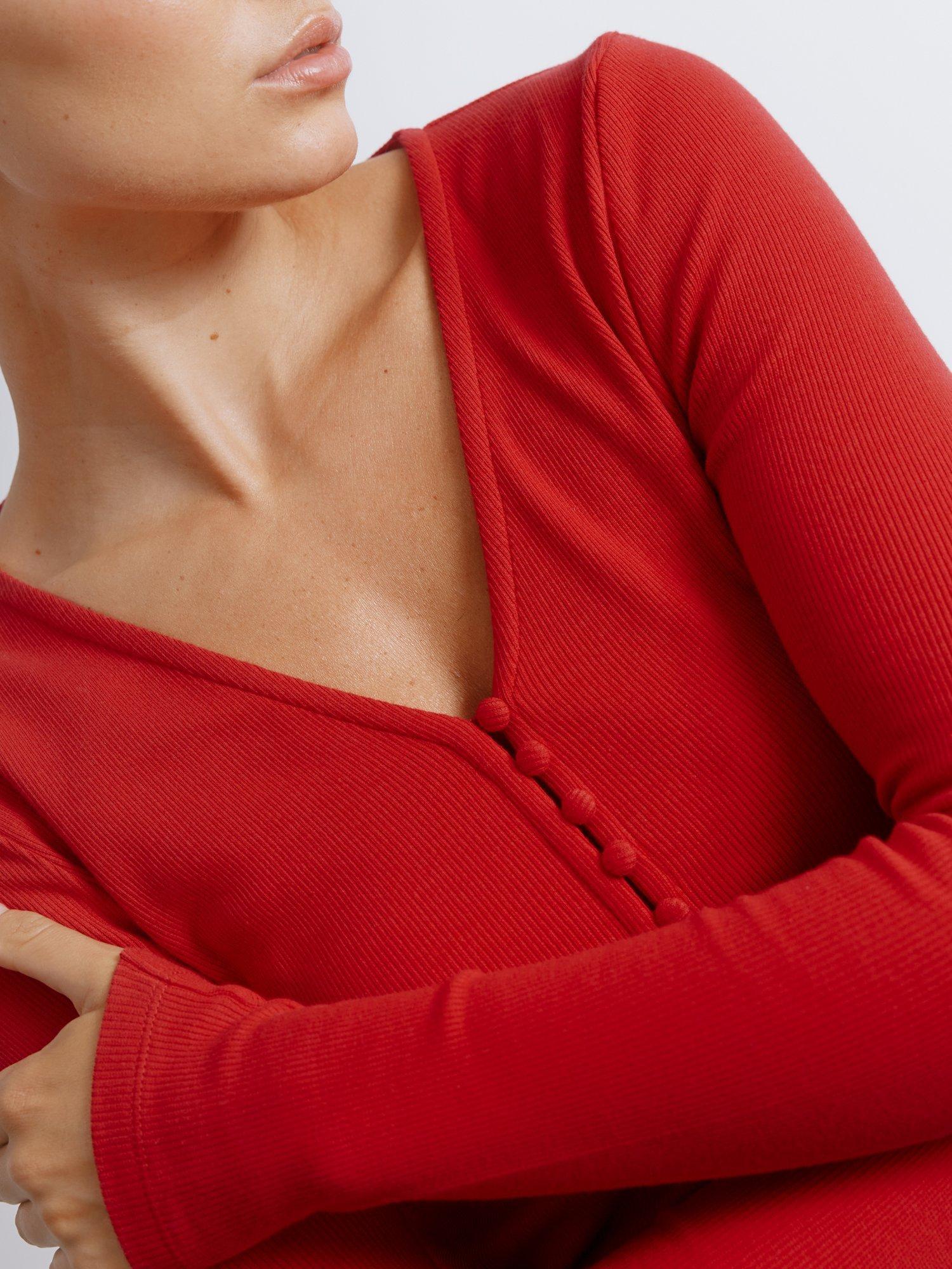 Product image 4 of 5, which shows Albaray Button Detail Ribbed Top, Red, 8