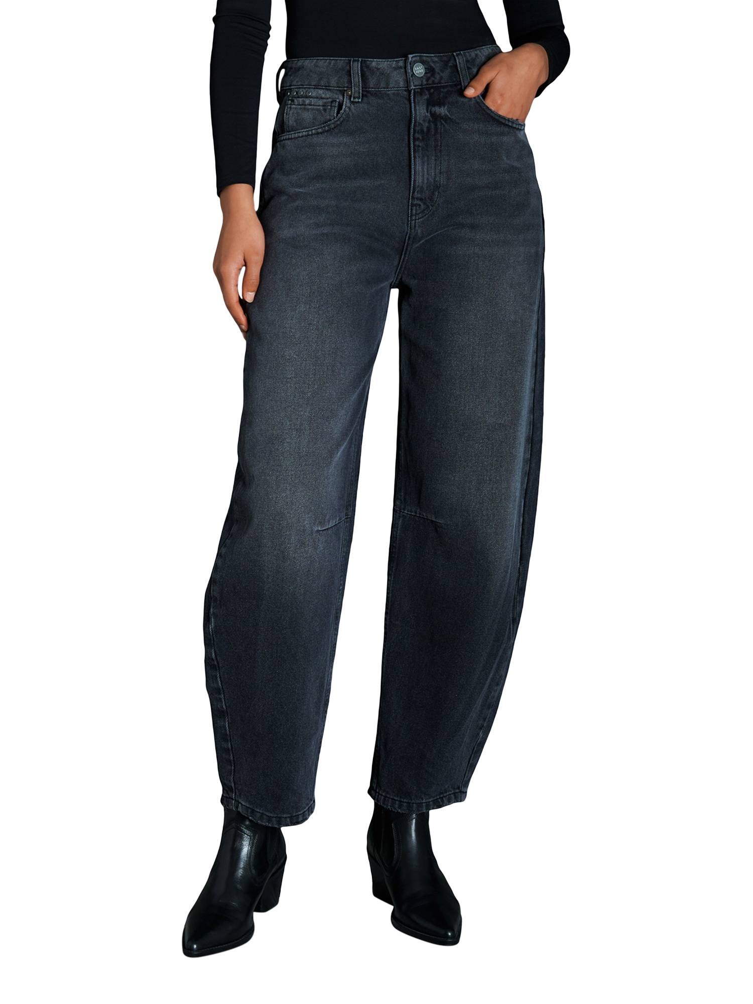 Product image 1 of 7, which shows EAST 42ND RIO Barrel Leg Jeans, Washed Black, W28/L30