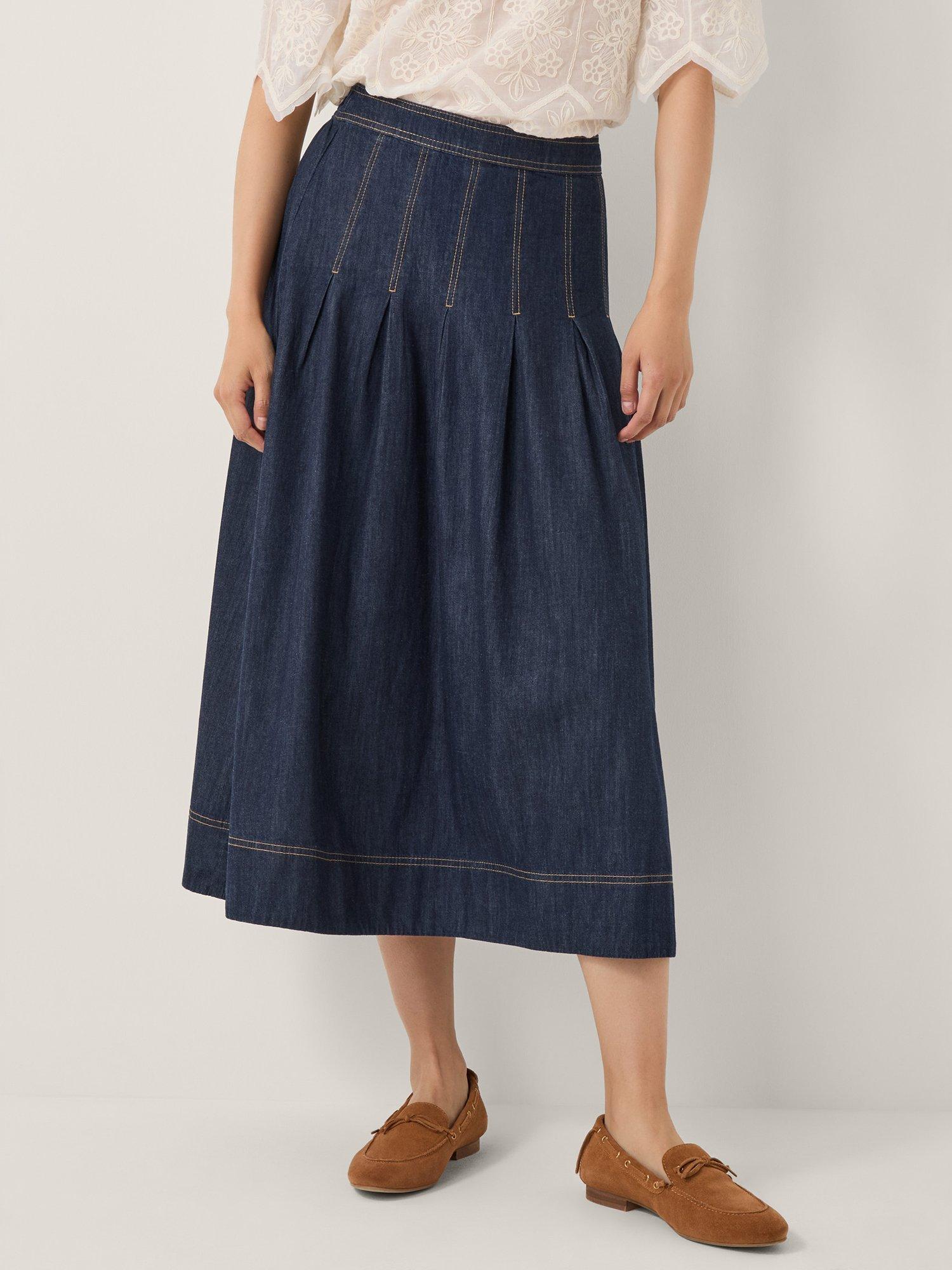 Product image 1 of 6, which shows Monsoon Darcie Pleated Denim Midi Skirt, Indigo, S