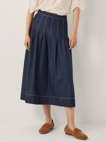 Monsoon Darcie Pleated Denim Midi Skirt, Indigo, Indigo
