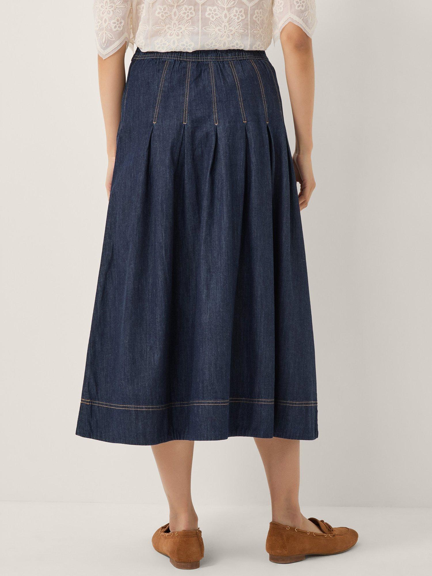 Product image 2 of 6, which shows Monsoon Darcie Pleated Denim Midi Skirt, Indigo, S