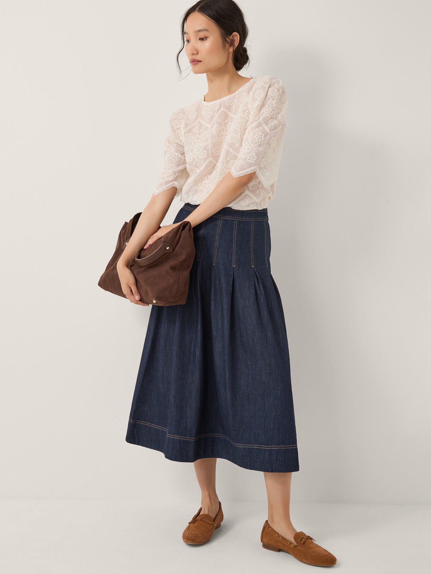 Product image 3 of 6, which shows Monsoon Darcie Pleated Denim Midi Skirt, Indigo, S