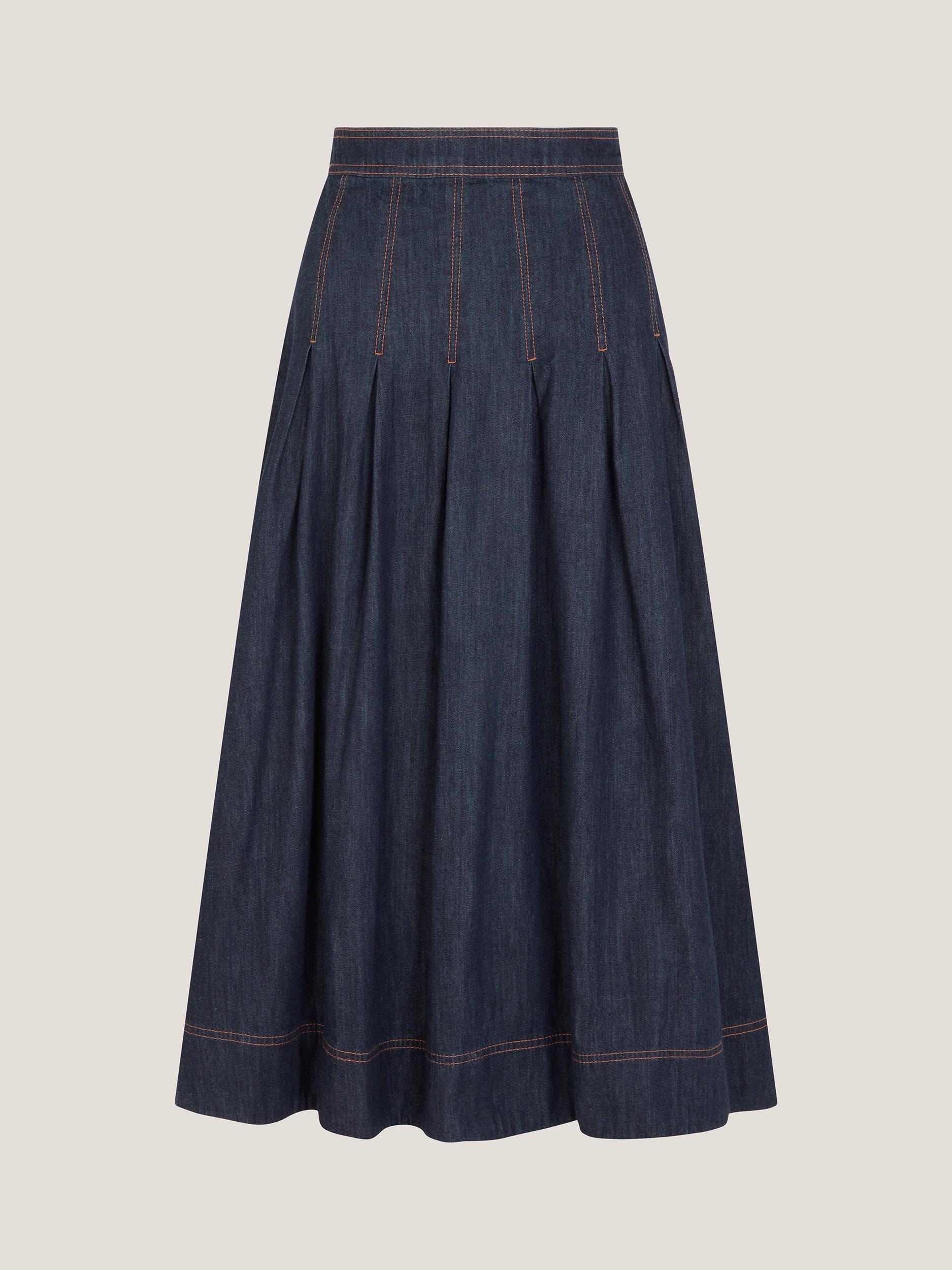 Product image 4 of 6, which shows Monsoon Darcie Pleated Denim Midi Skirt, Indigo, S