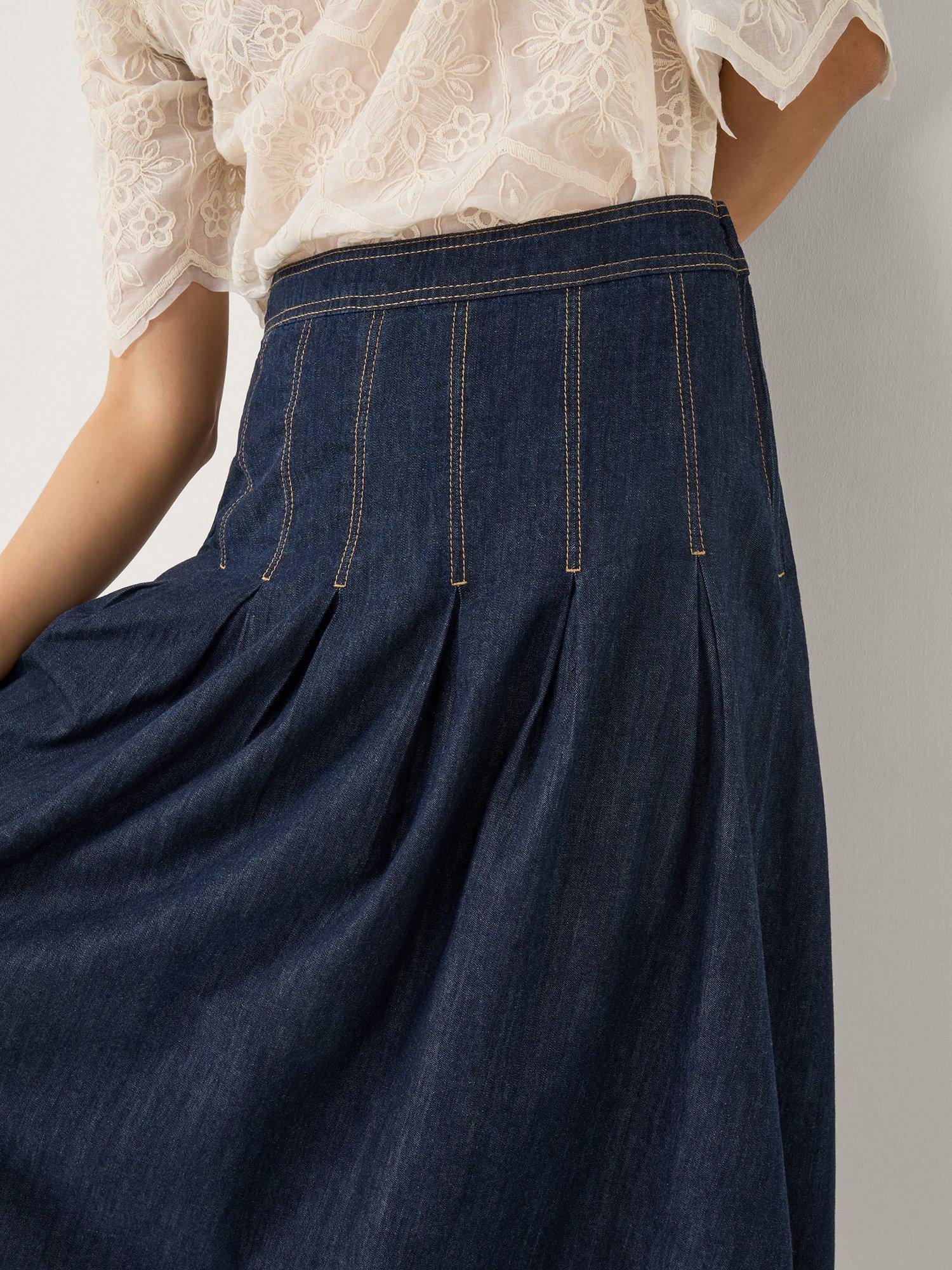 Product image 5 of 6, which shows Monsoon Darcie Pleated Denim Midi Skirt, Indigo, S