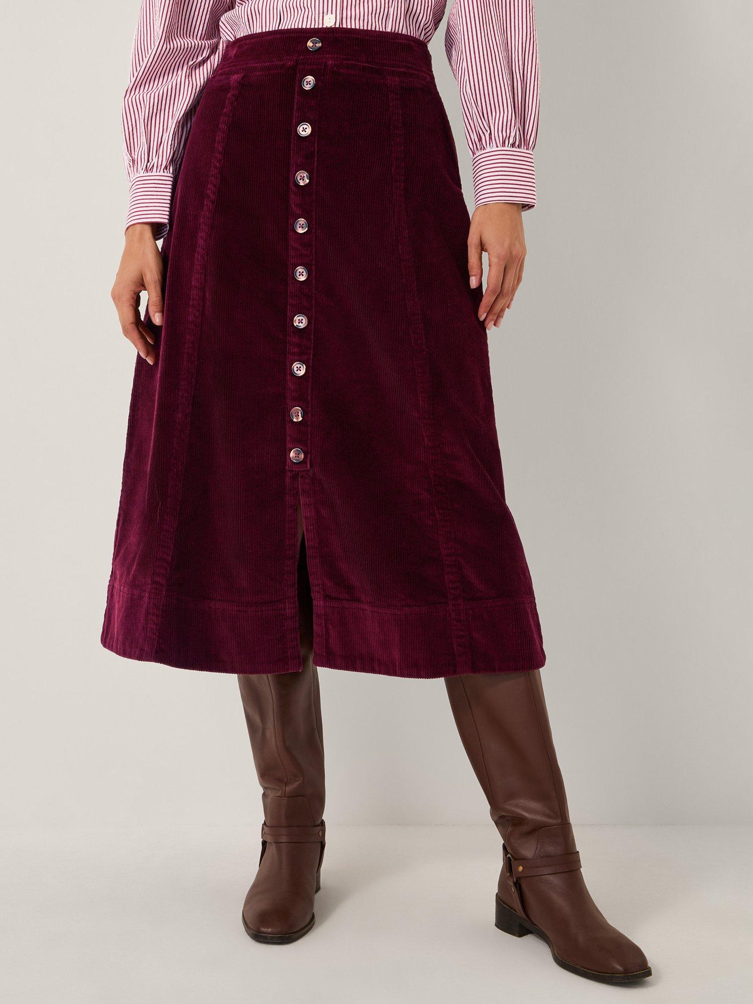 Product image 1 of 4, which shows Monsoon Jamie Button Corduroy Mini Skirt, Burgundy, 8