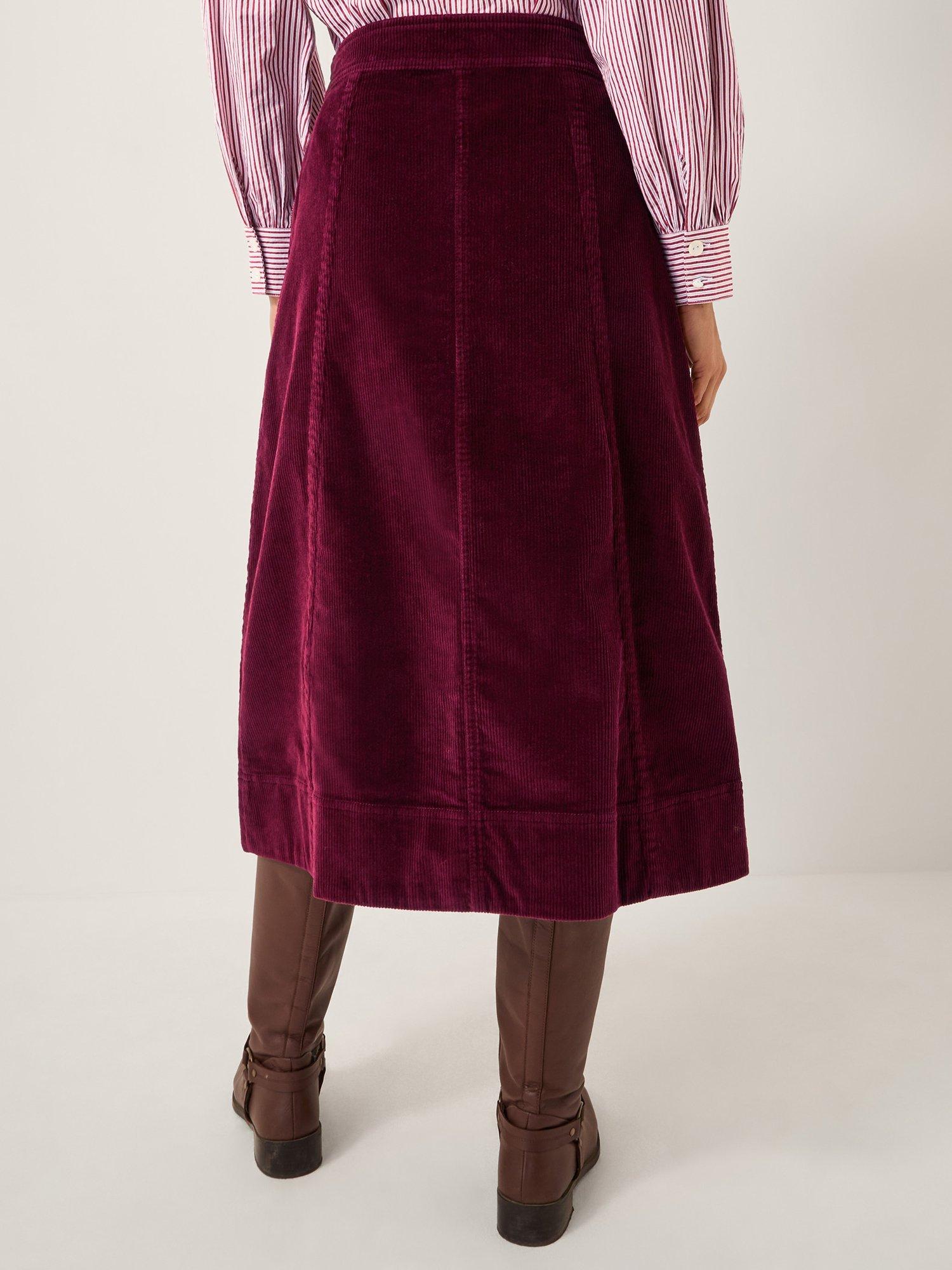 Product image 2 of 4, which shows Monsoon Jamie Button Corduroy Mini Skirt, Burgundy, 8