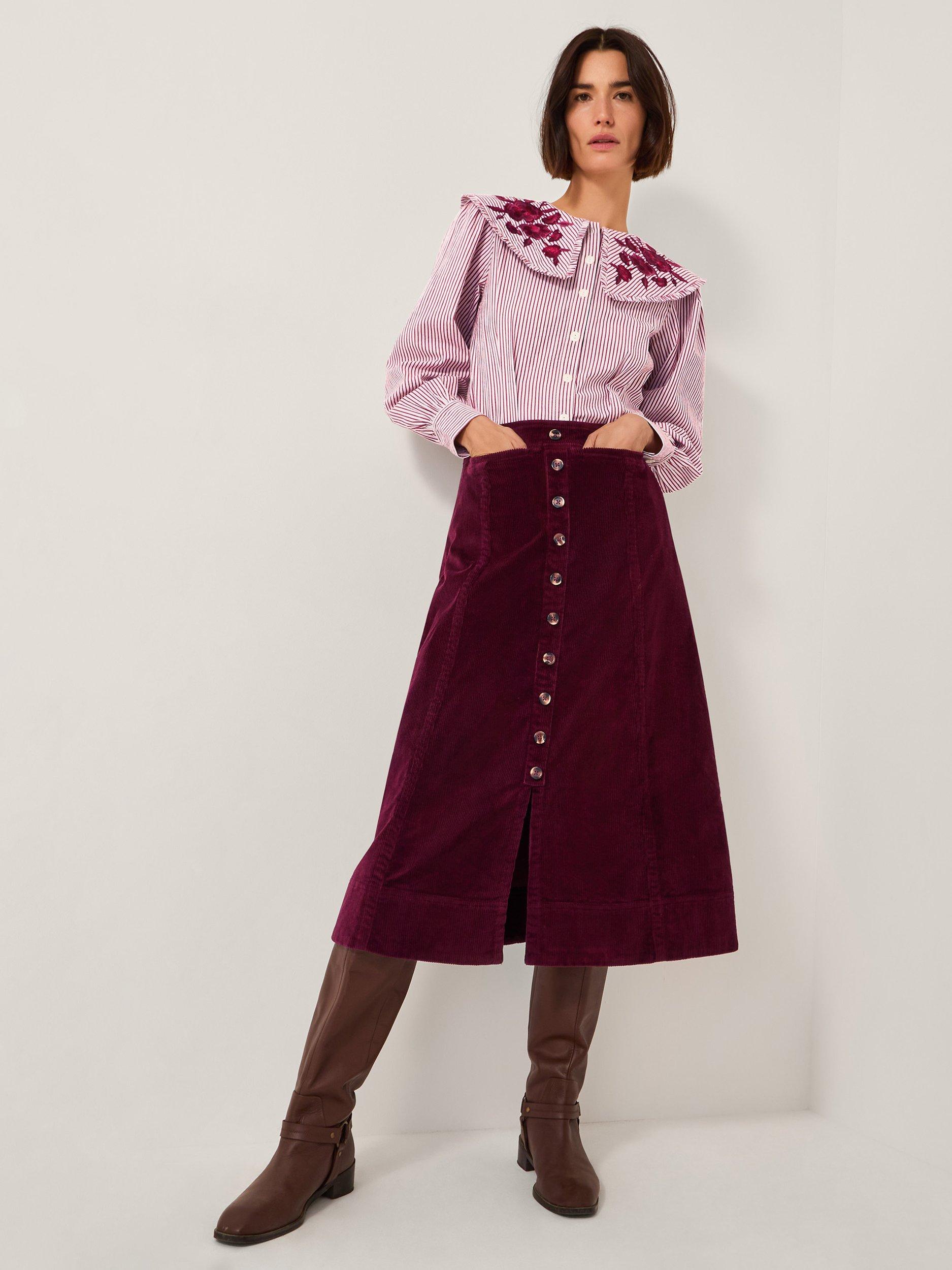 Product image 3 of 4, which shows Monsoon Jamie Button Corduroy Mini Skirt, Burgundy, 8