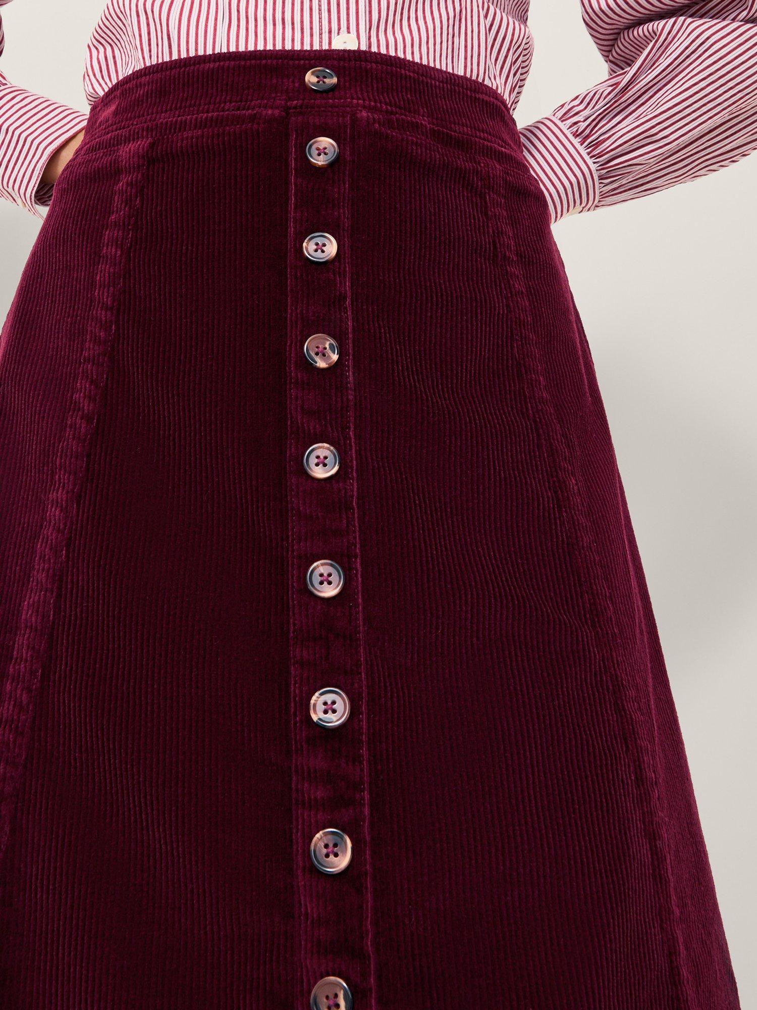 Product image 4 of 4, which shows Monsoon Jamie Button Corduroy Mini Skirt, Burgundy, 8