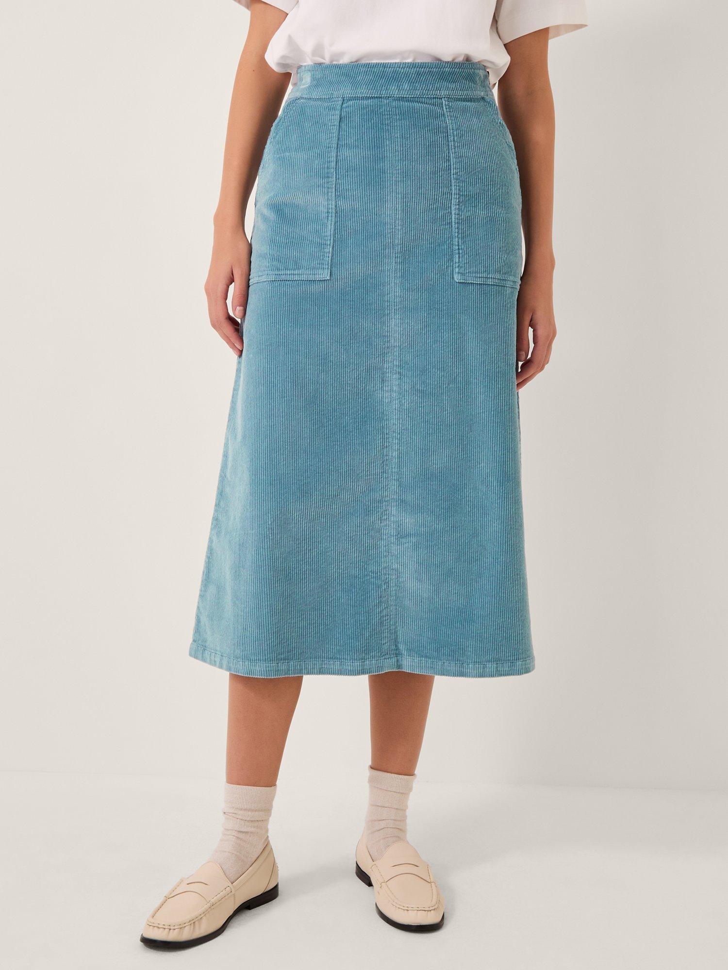 Product image 1 of 5, which shows Monsoon Malika Corduroy Midi Skirt, Pale Blue, 8