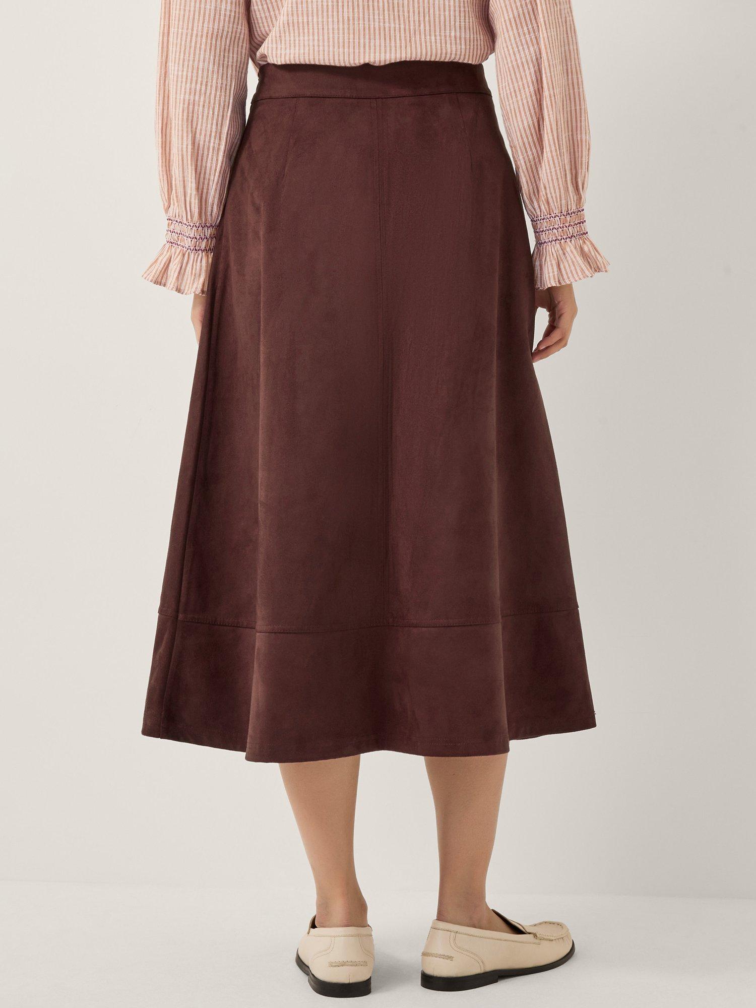 Product image 2 of 6, which shows Monsoon Rowan Suedette A-Line Midi Skirt, Chocolate, 8