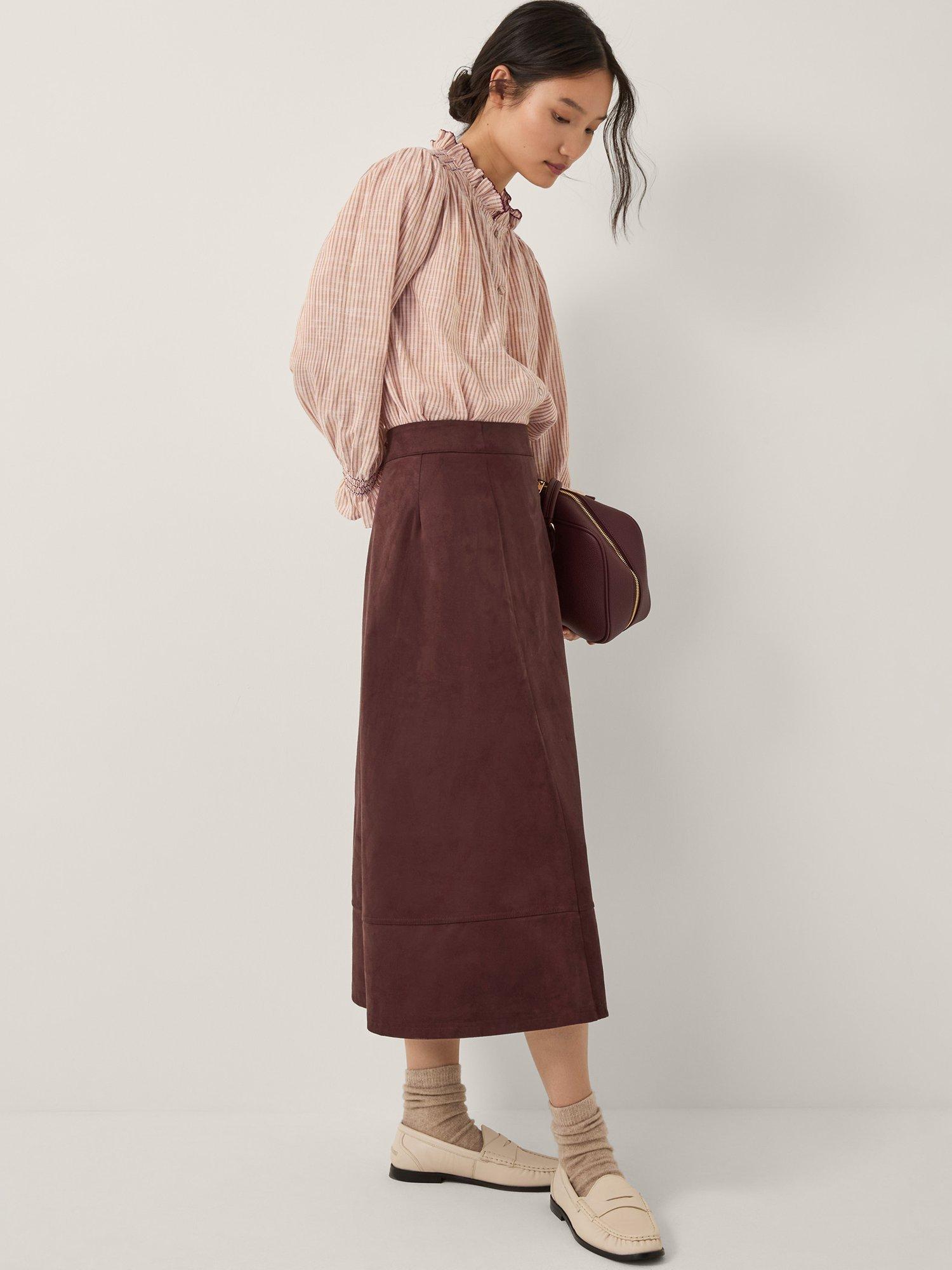 Product image 3 of 6, which shows Monsoon Rowan Suedette A-Line Midi Skirt, Chocolate, 8