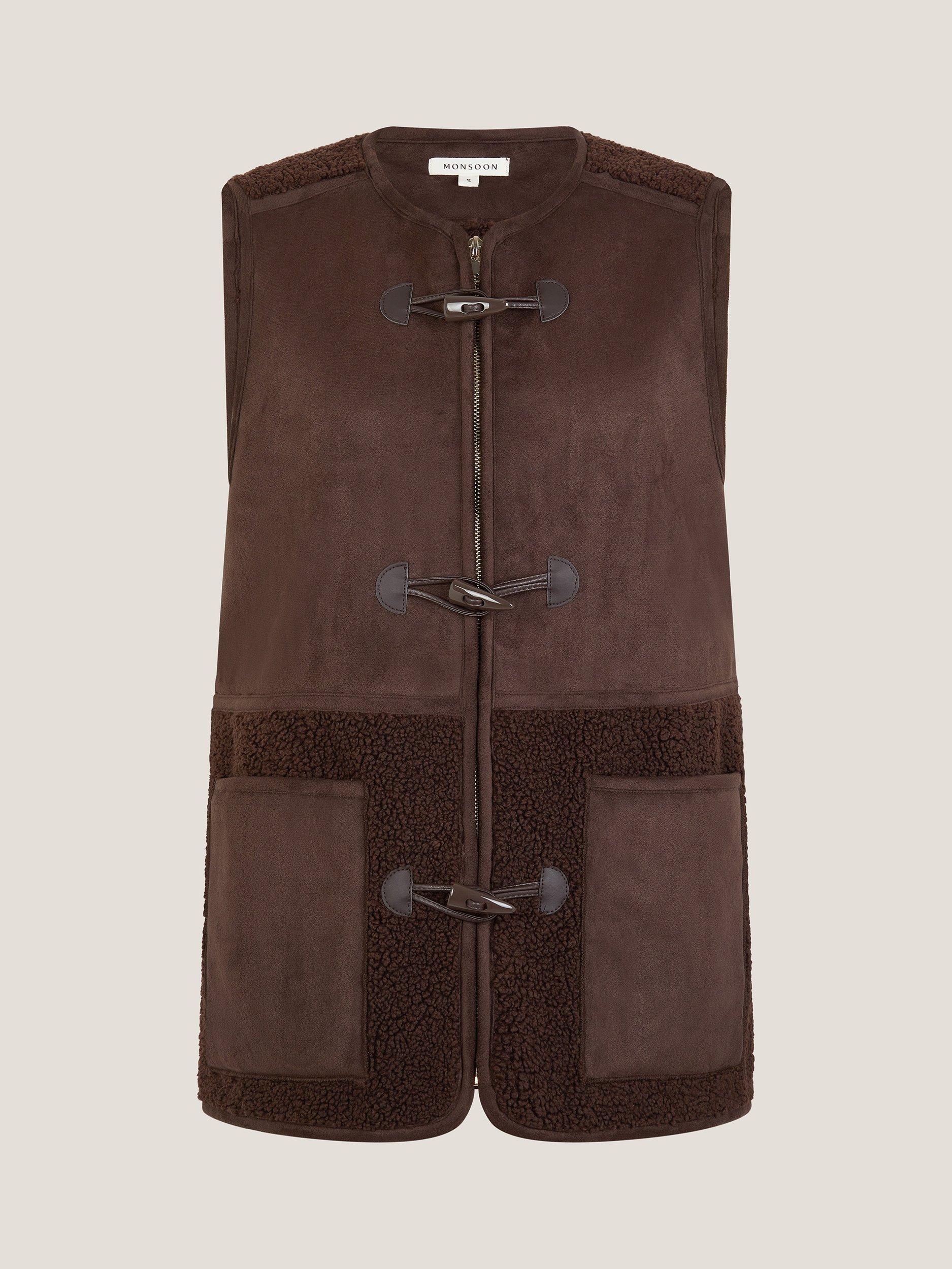 Product image 4 of 4, which shows Monsoon Teri Borg Duffle Gilet, Chocolate, XL