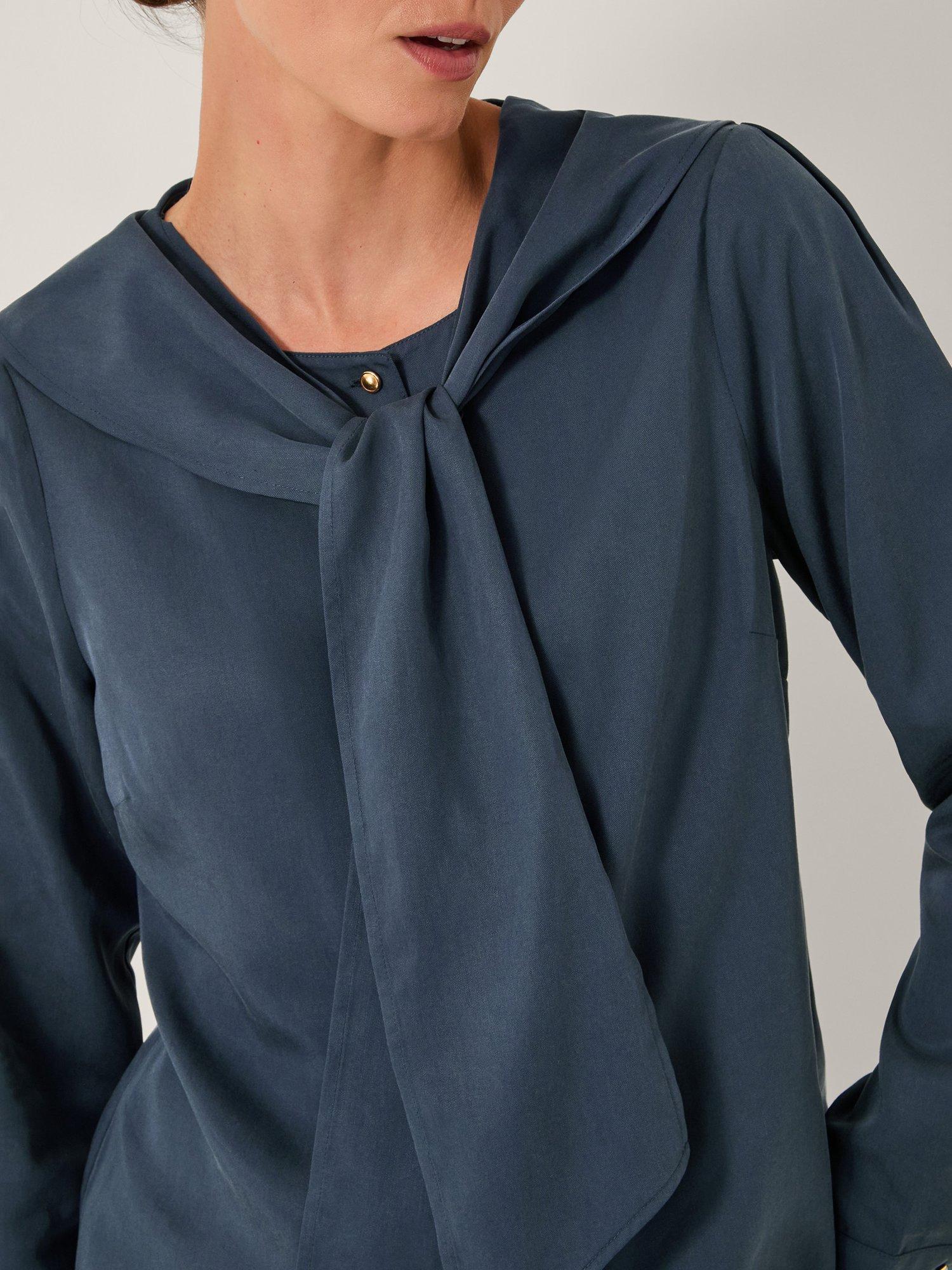 Product image 4 of 5, which shows Monsoon Drew Tie-Neck Blouse, Blue, 8