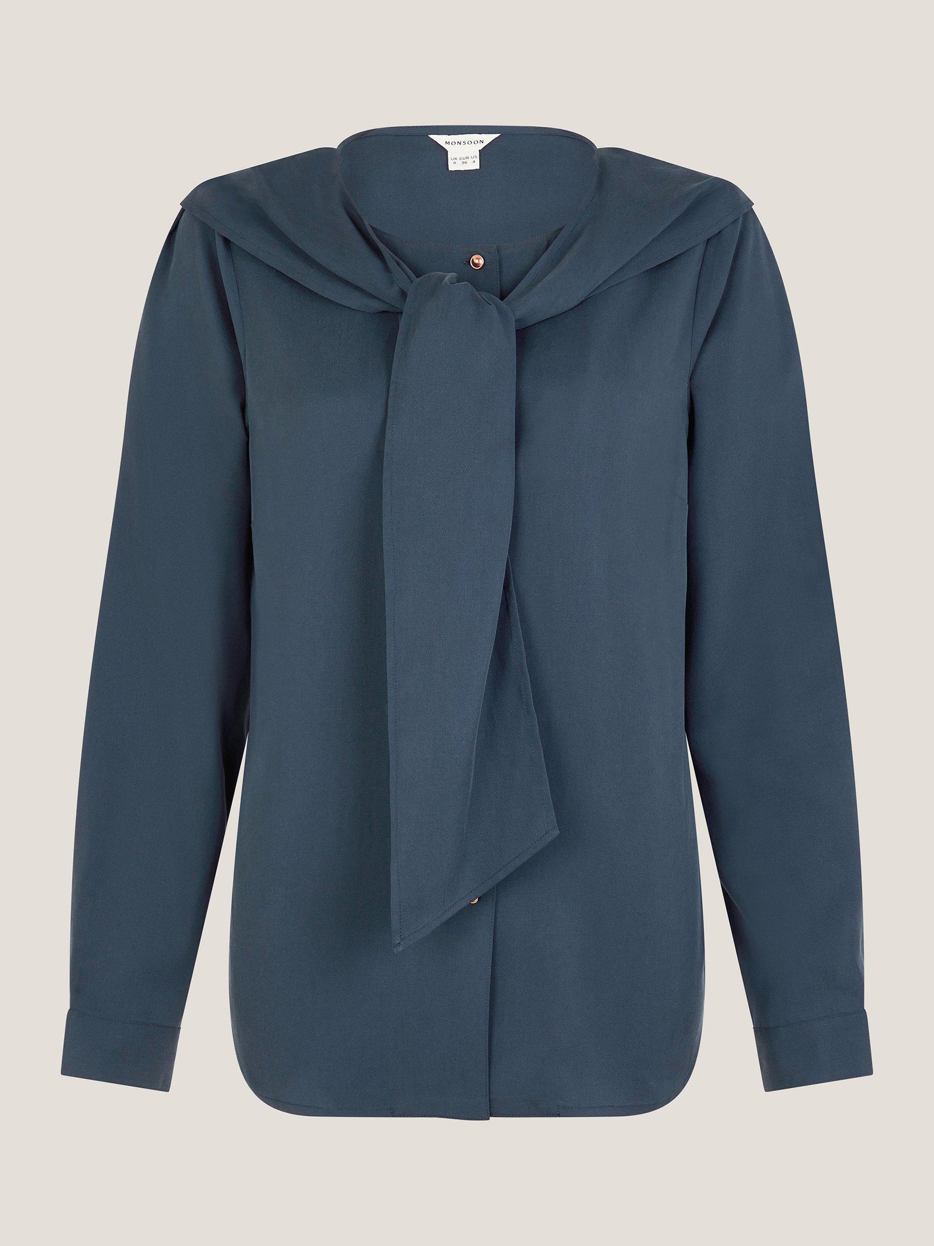 Product image 5 of 5, which shows Monsoon Drew Tie-Neck Blouse, Blue, 8