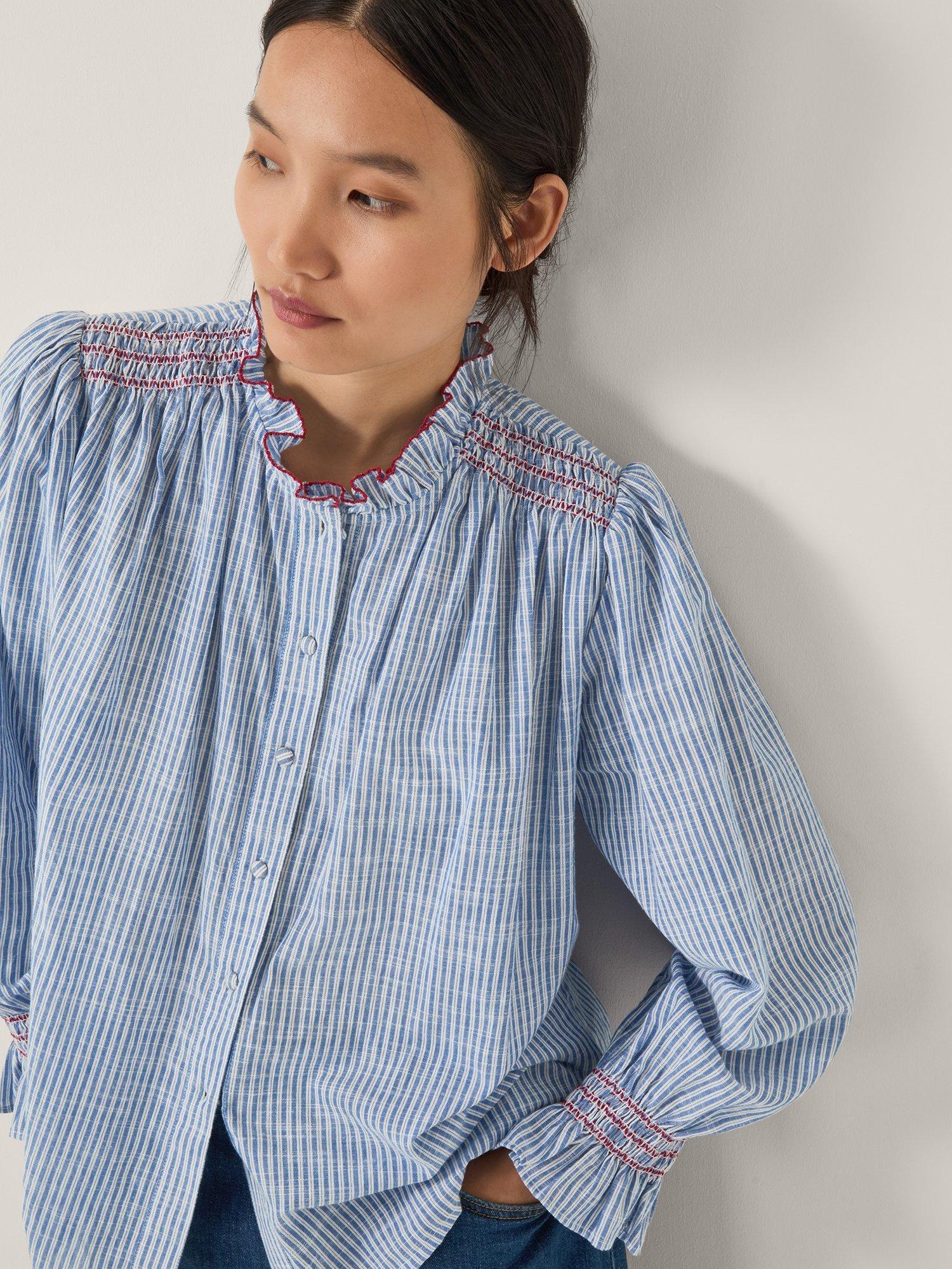 Product image 1 of 5, which shows Monsoon Maeve Stripe Ruffle Shirt, Blue, S