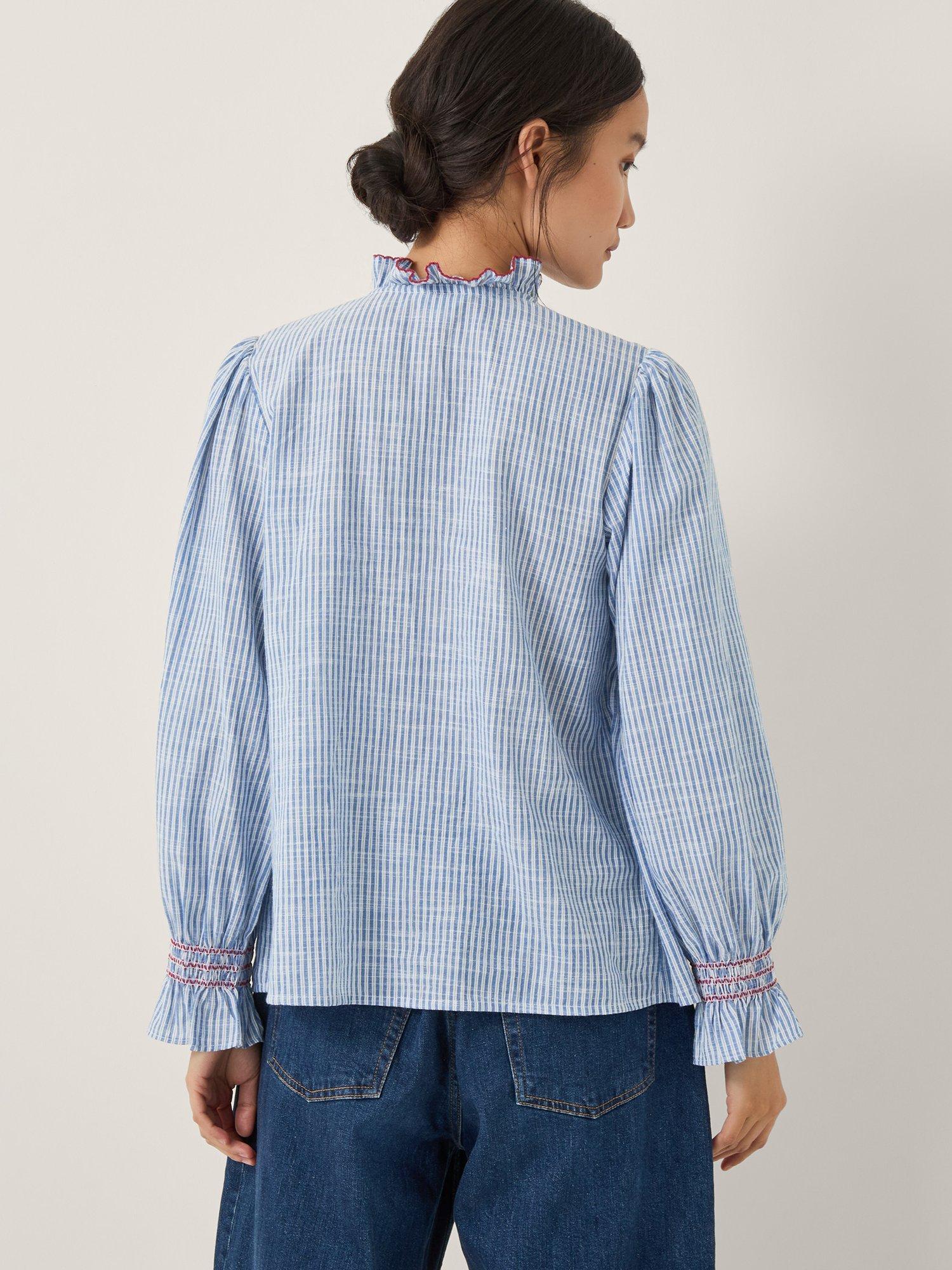 Product image 2 of 5, which shows Monsoon Maeve Stripe Ruffle Shirt, Blue, S