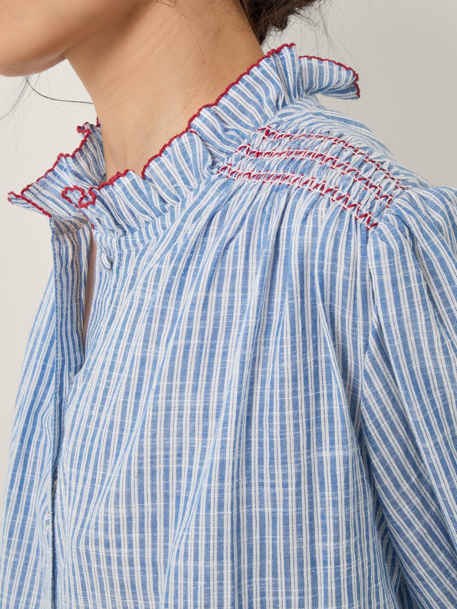 Product image 4 of 5, which shows Monsoon Maeve Stripe Ruffle Shirt, Blue, S