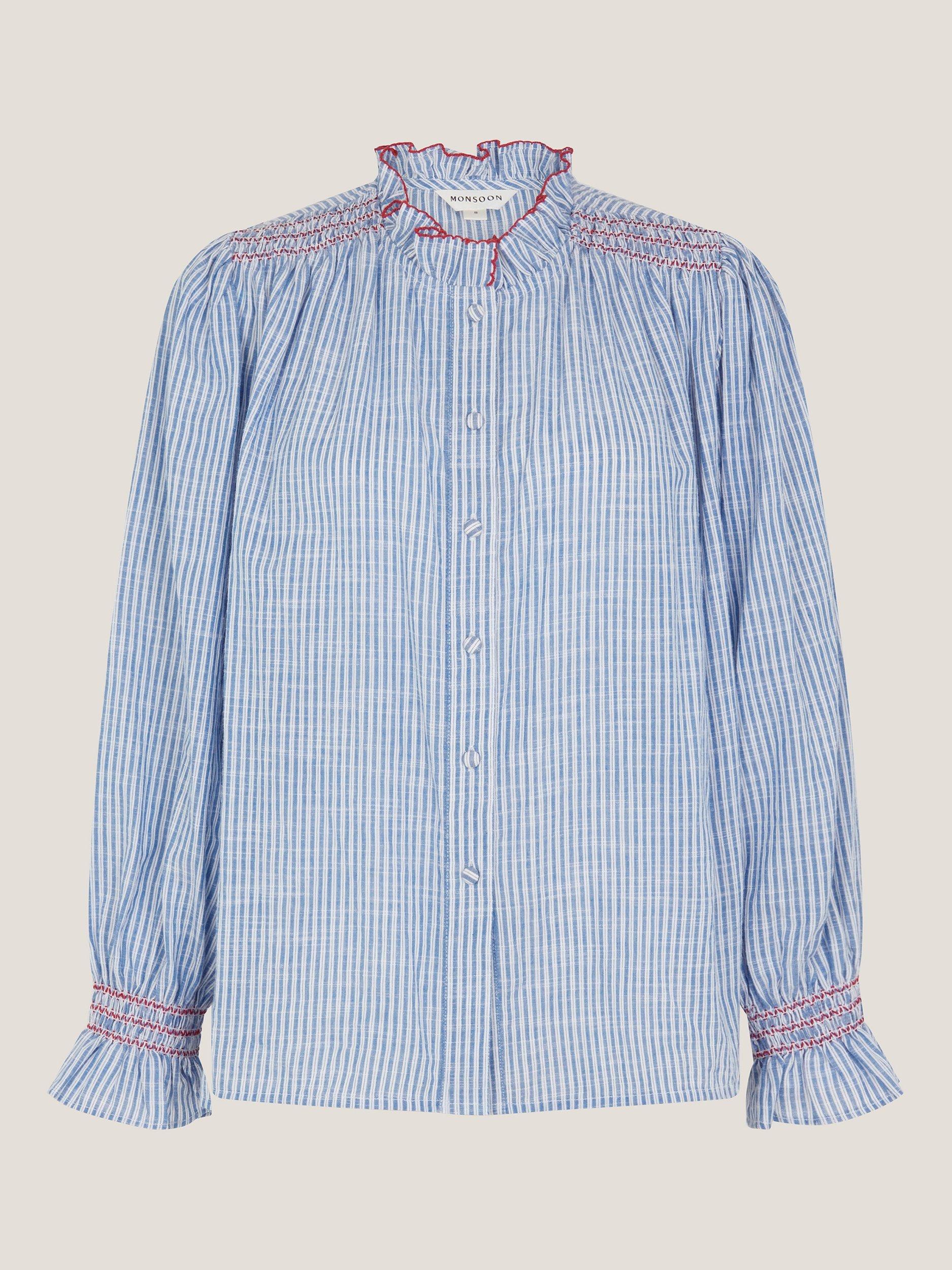 Product image 5 of 5, which shows Monsoon Maeve Stripe Ruffle Shirt, Blue, S