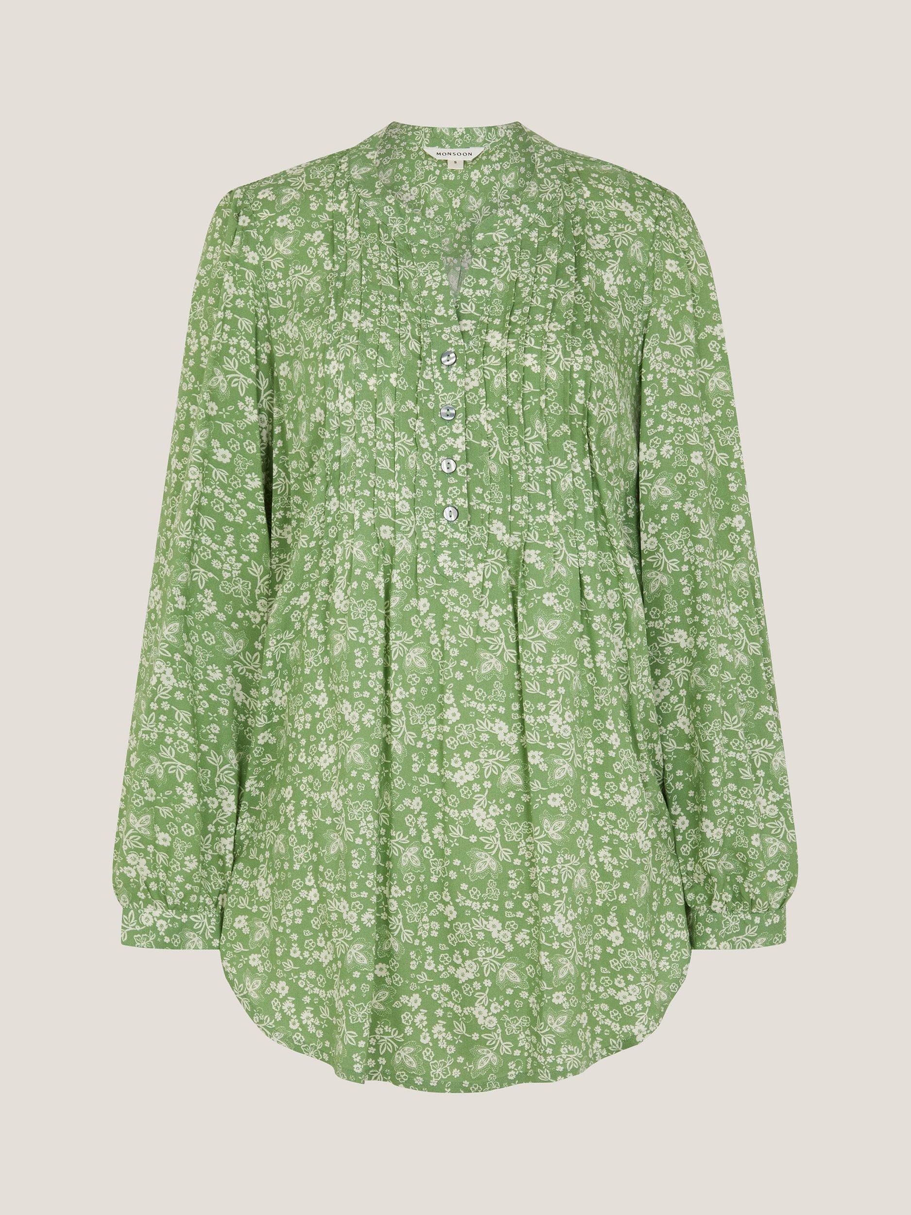 Product image 5 of 5, which shows Monsoon Tortie Floral Pintuck Blouse, Green, S